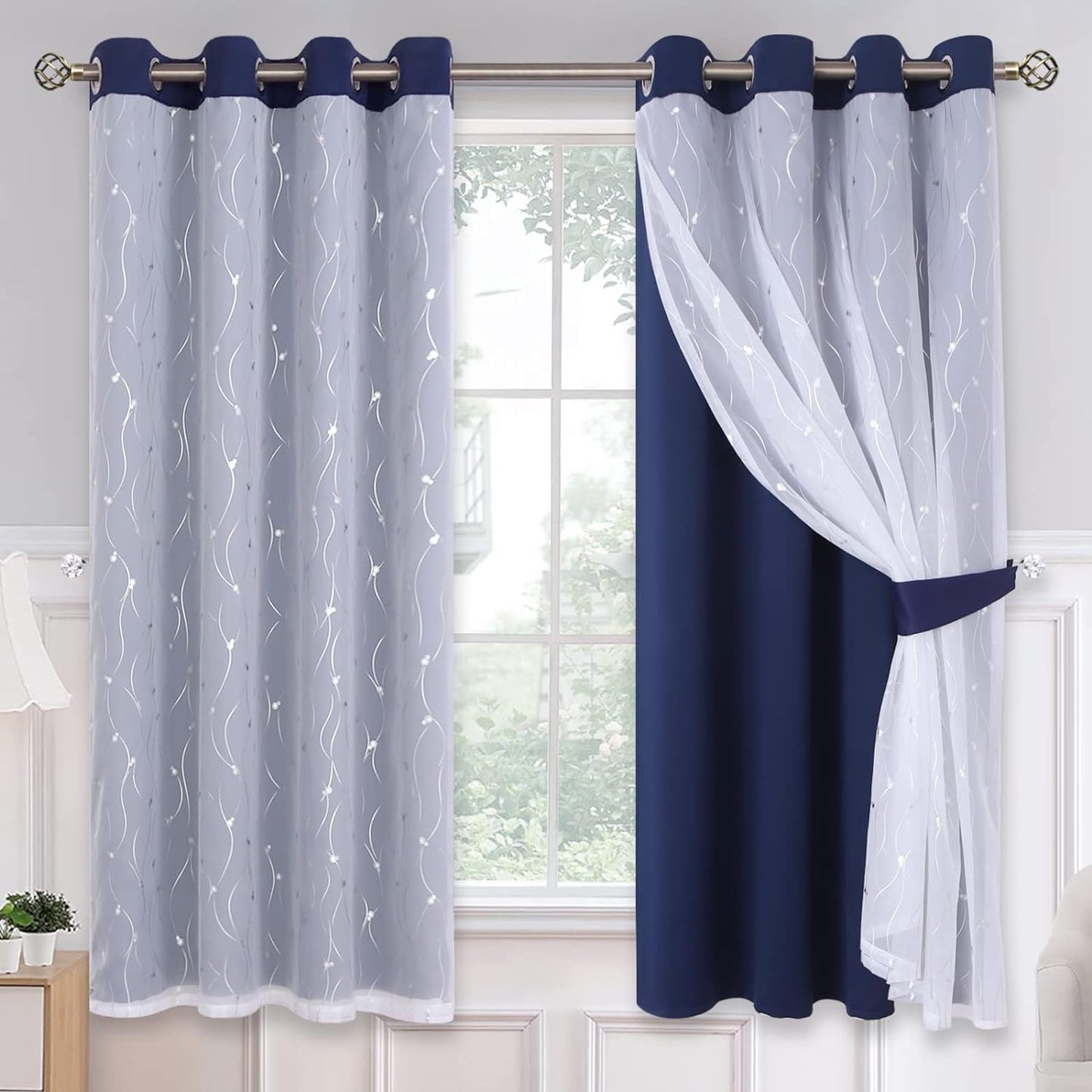 Bgment Grey Blackout Curtains with Sheer Overlay 84 Inches Long，Double Layer Silver Printed Kids Curtains Grommet Thermal Insulated Window Drapes for Living Room, 2 Panel, 52 X 84, Dark Grey  BGment Navy Blue 52W X 63L 