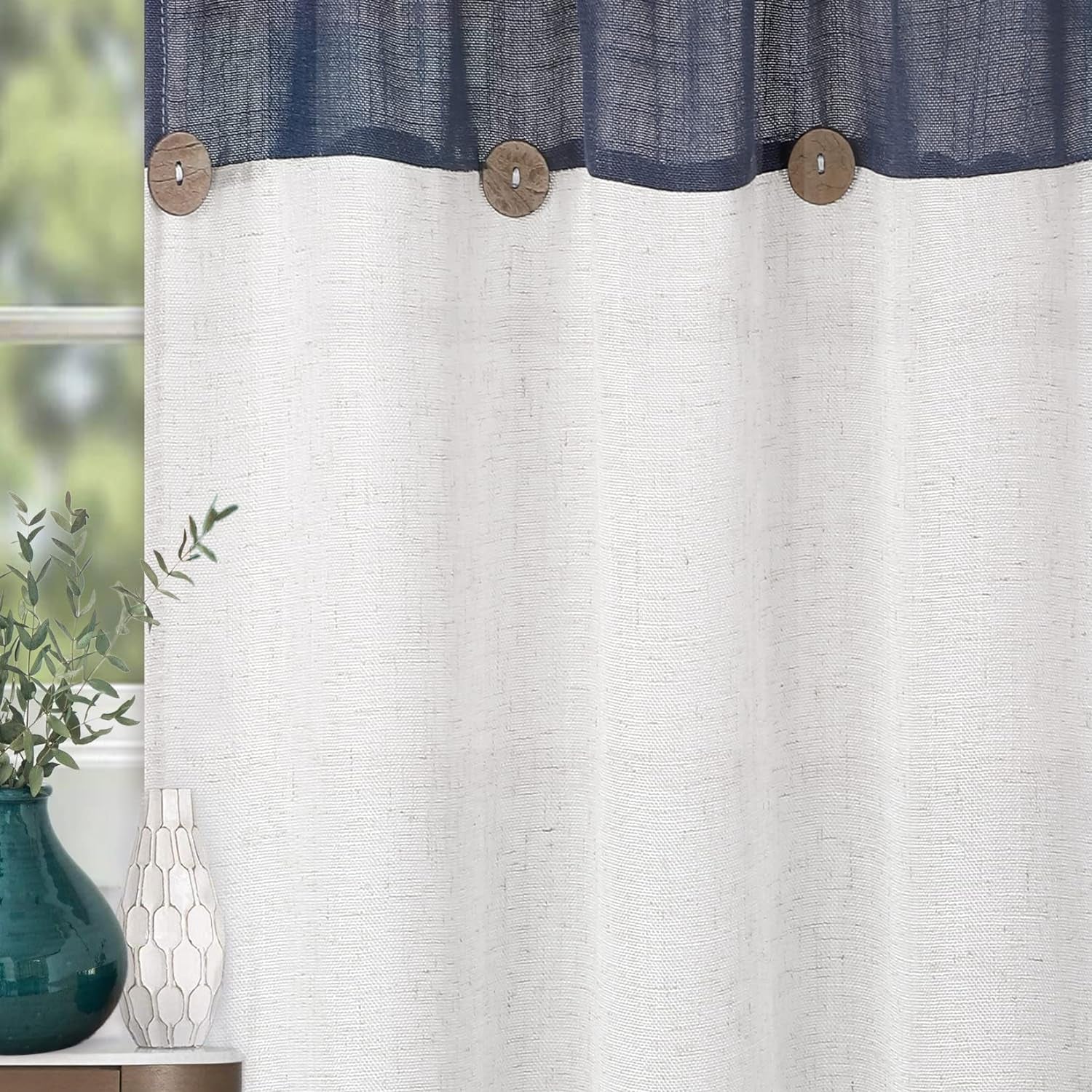 Curtains, Farmhouse Linen Blend Boho Button Curtains for Kitchen, 27X24 Inches, Navy/White, Set of 2, Rod Pocket