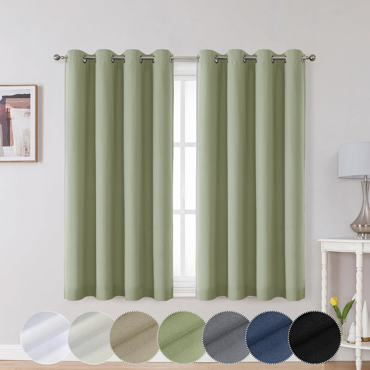 OWENIE Maya 100% Blackout Curtains 84 Inch Length 2 Panels Set, Greyish White Solid Heavy Thermal Insulated Grommets Curtains for Bedroom & Living Room, 2 Panels (Each 52 W X 84 L,Greyish White)  OWENIE Sage Green 52W X 45L 