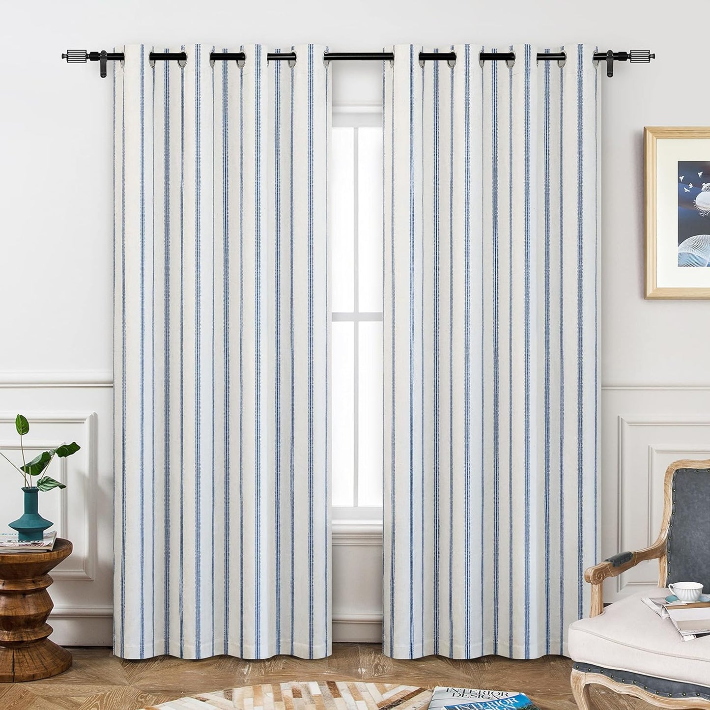 Driftaway Farmhouse Linen Blend Blackout Curtains 84 Inches Long for Bedroom Vertical Striped Printed Linen Curtains Thermal Insulated Grommet Lined Treatments for Living Room 2 Panels W52 X L84 Grey  DriftAway Navy 52"X84" 
