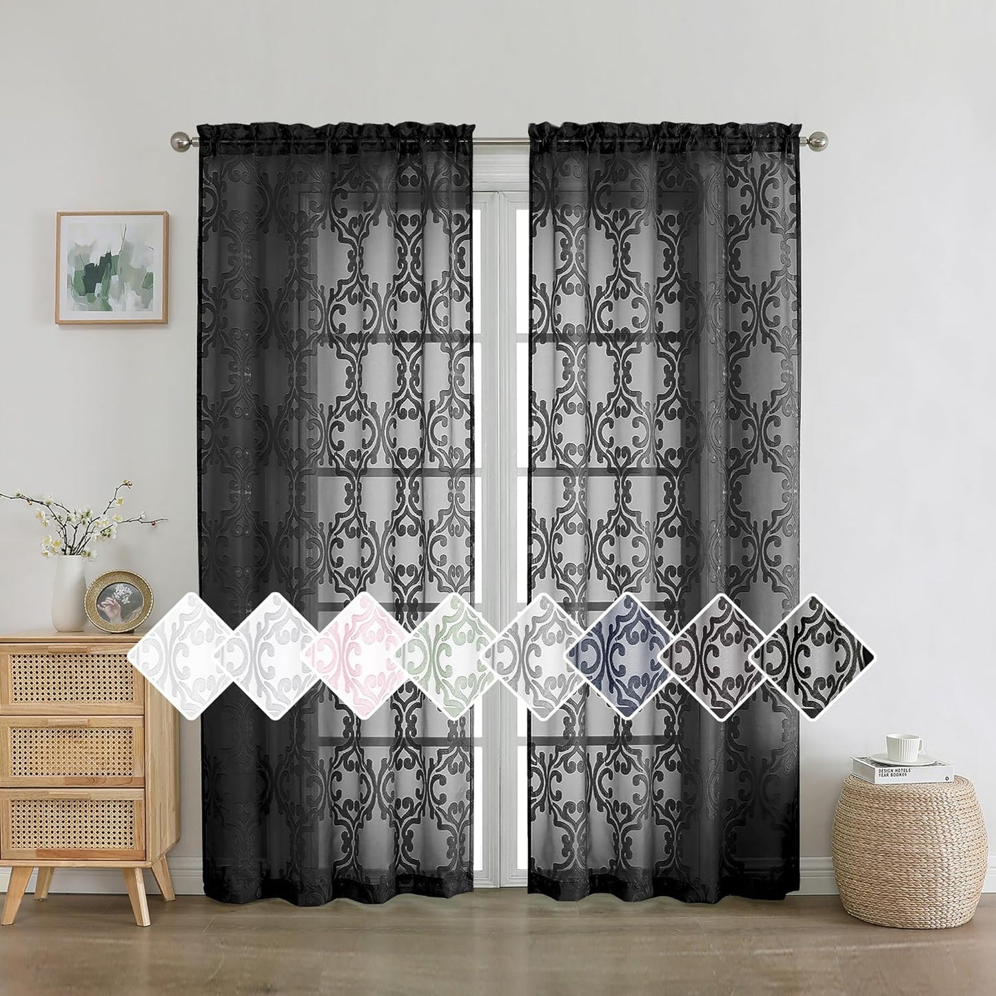 Aiyufeng Suri 2 Panels Sheer Sage Green Curtains 63 Inches Long, Light & Airy Privacy Textured Sheer Drapes, Dual Rod Pocket Voile Clipped Floral Luxury Panels for Bedroom Living Room, 42 X 63 Inch  Aiyufeng Black 2X42X72" 