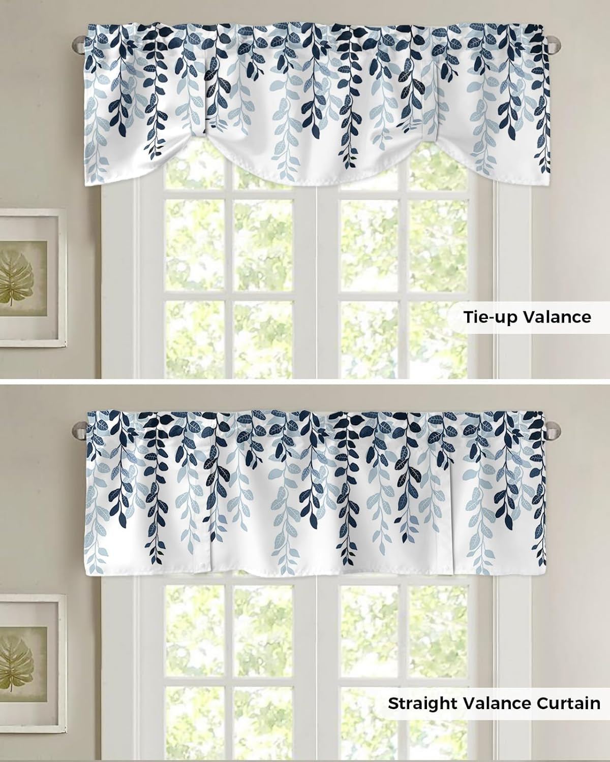 Navy Blue Botanical Tie up Valance Curtains for Windows, Ombre Abstract Art Kitchen Curtains Window Treatments, Pastoral Leaf Short Window Shades Valances for Bedroom Bathroom Cafe 54"X18"