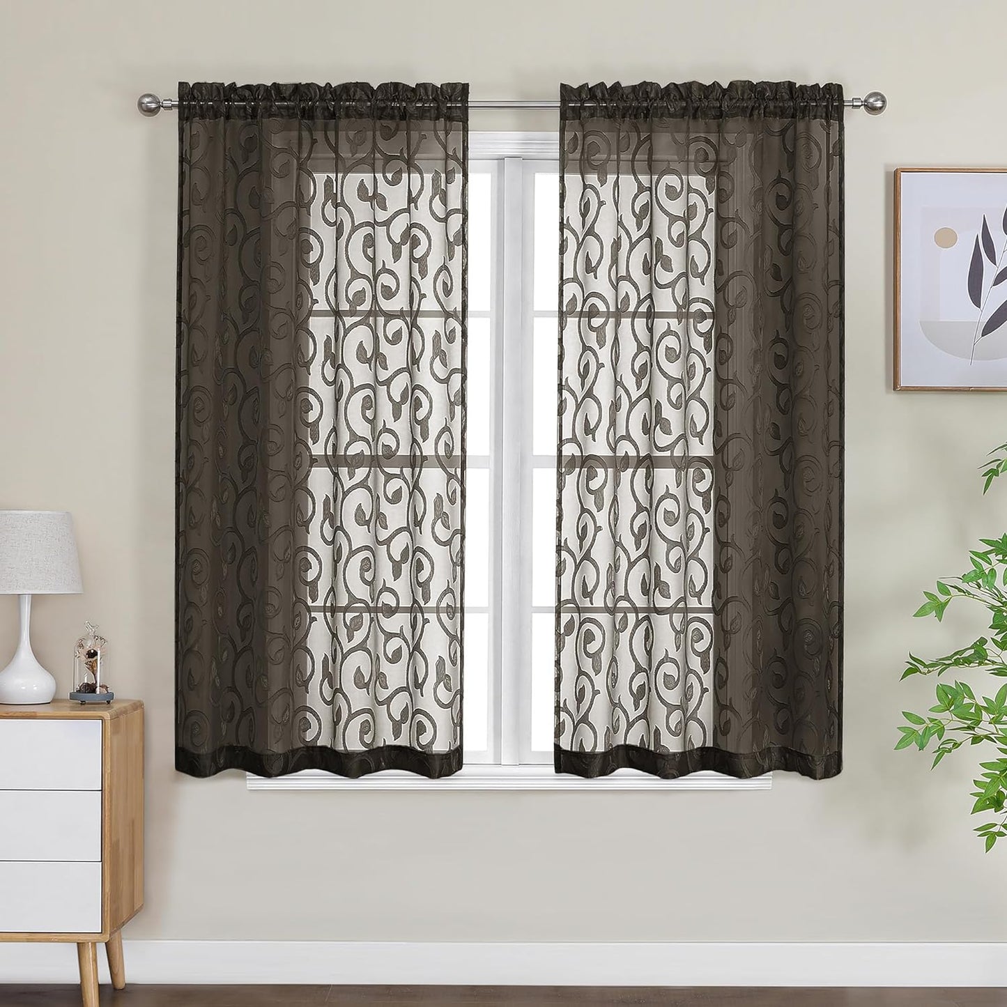 OWENIE Furman Sheer White Curtains 84 Inches Long for Bedroom Living Room 2 Panels Set, White Curtains Jacquard Clip Light Filtering Semi Sheer Curtain Transparent Rod Pocket Window Drapes, 2 Pcs  OWENIE Chocolate 28W X 45L 
