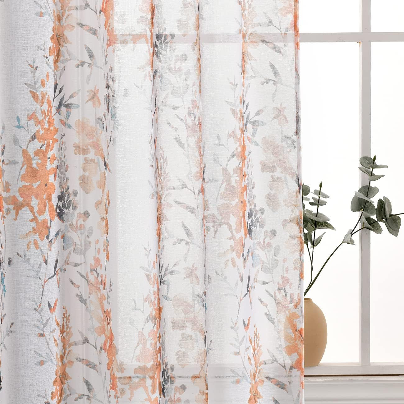 Kotile Grey White Sheer Curtains, Classic Vintage Branch Leaf Printed Sheer Curtains 63 Inch Length 2 Panels Set, Privacy Rod Pocket Sheer Window Floral Curtains, 50 X 63 Inch, Grey  Kotile Textile Orange W50 X L96 Inch 