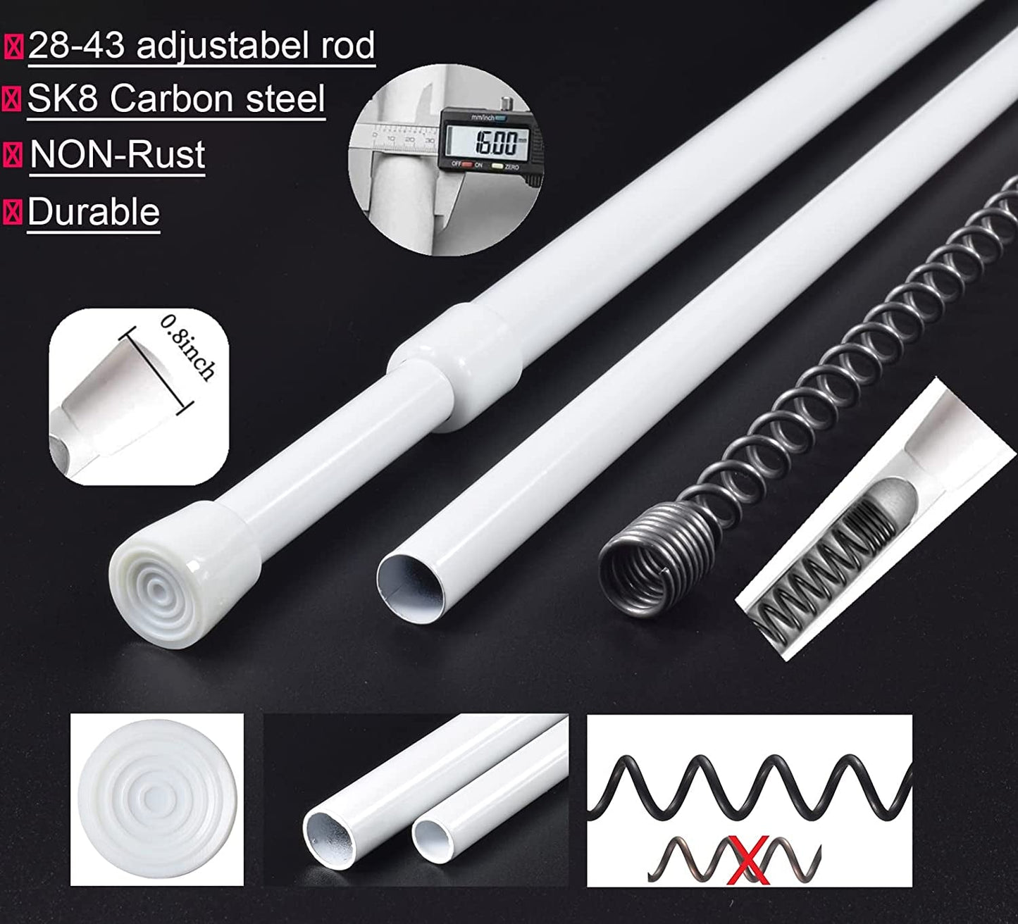 2PCS Spring Tension Curtain Rods 28-43 Inches Adjustable, Small Short Expandable Spring Loaded Curtain Tension Rods, for Window, Bathroom, Cupboard,Kitchen(No Drilling,No Screws,White)