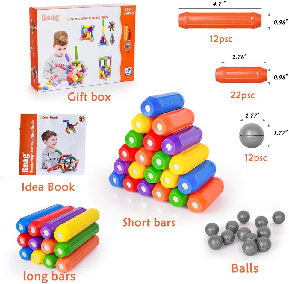 Bmag 46 PCS Magnetic Balls and Rods Set, Magnet Building Sticks Set, Building Blocks Tiles, STEM Stacking Toys for Kids,Juniors,Toddlers