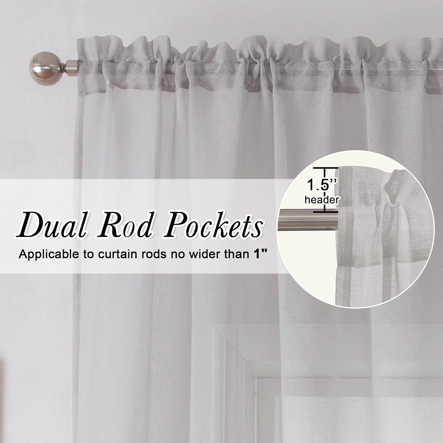 Lecloud Doris Faux Linen Sheer Grey Valance Curtains 14 Inches Length, Cafe Kitchen Bedroom Living Room Gauzy Silver Grey Curtain for Small Window, Slub Light Gray Valance Dual Rod Pockets 60X14 Inch  Lecloud   