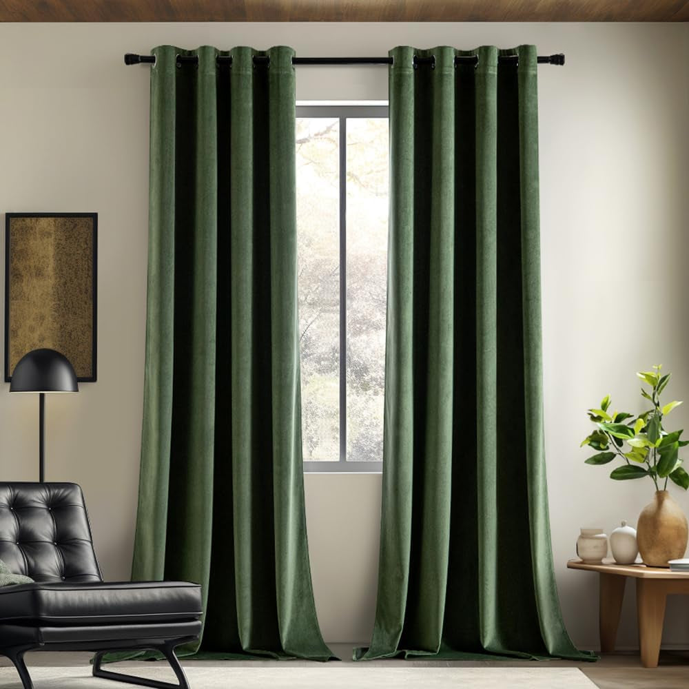 EMEMA Olive Green Velvet Curtains 84 Inch Length 2 Panels Set, Room Darkening Luxury Curtains, Grommet Thermal Insulated Drapes, Window Curtains for Living Room, W52 X L84, Olive Green  EMEMA Velvet/ Olive Green W52" X L90" 