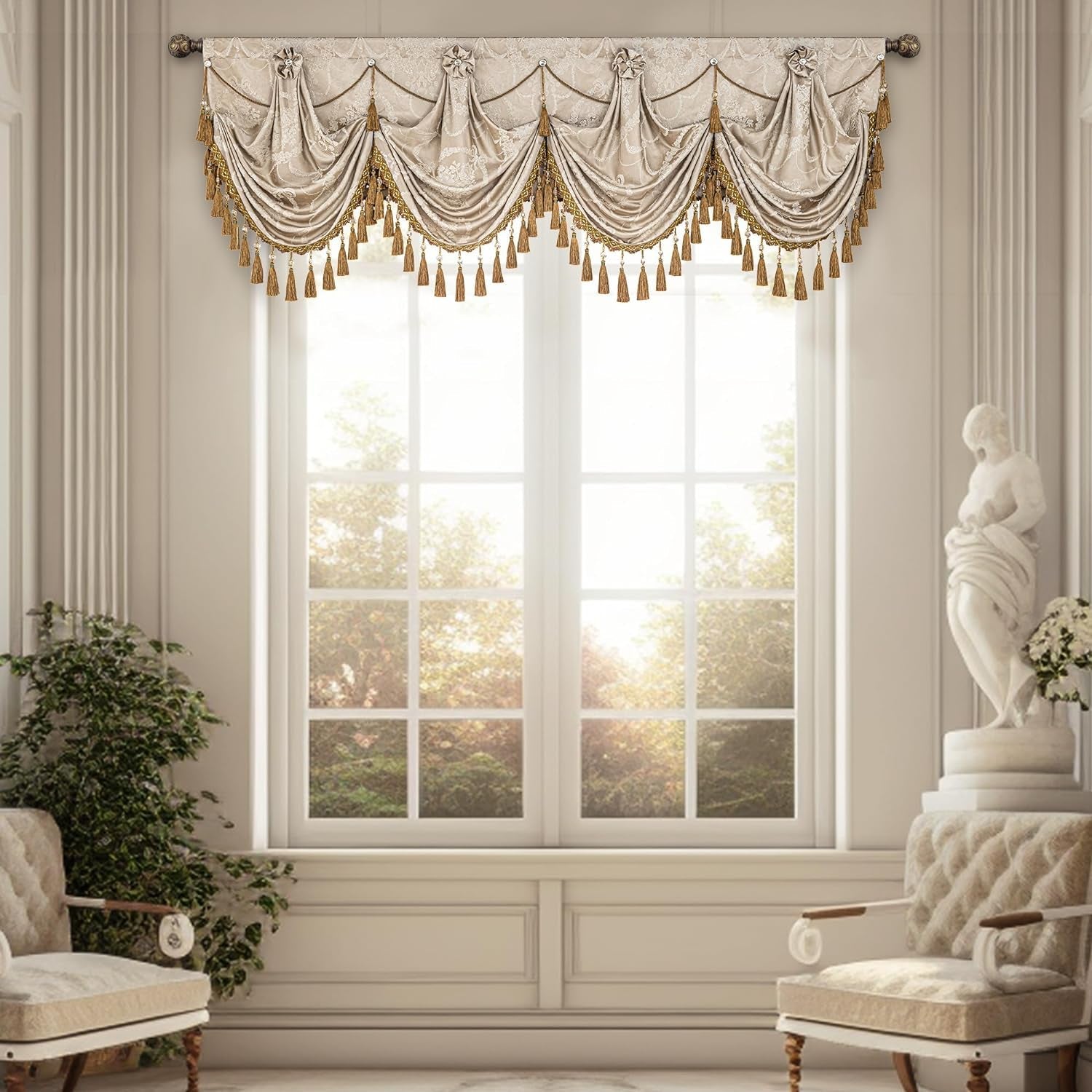 Loom and Mill Luxury Waterfall Valances for Windows, Elegant Jacquard Thick Swag Curtains Valance with Tassels for Living Room, Bedroom Party Banquet Decorations (Golden & Sand, W79 Inch, 1 Panel)
