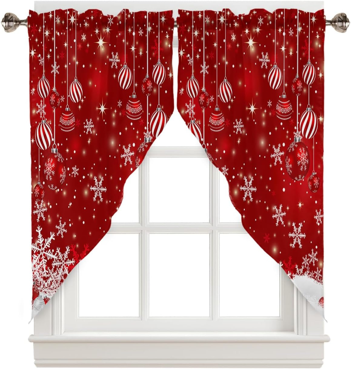 Christmas Kitchen Curtains Winter Snowflakes Window Valance Set,Red Xmas Balls Ornaments Rod Pocket Curtains Swag for Bedroom Living Room, Sparkle Snow Xmas Red Swag Valance 36" Long Set