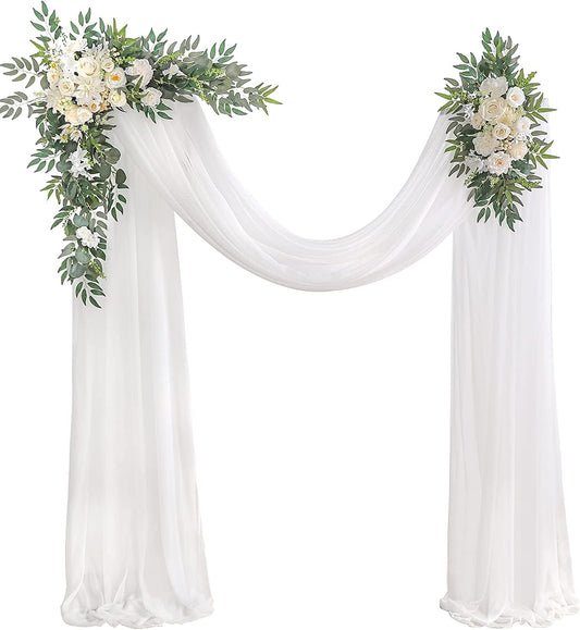Serra Flora Wedding Arch Flowers Swag Kit (Pack of 4) 2Pcs White Greenery Artificial Flowers with 2Pcs White Sheer Draping Fabric Floral Swags for Ceremony Reception Decorations