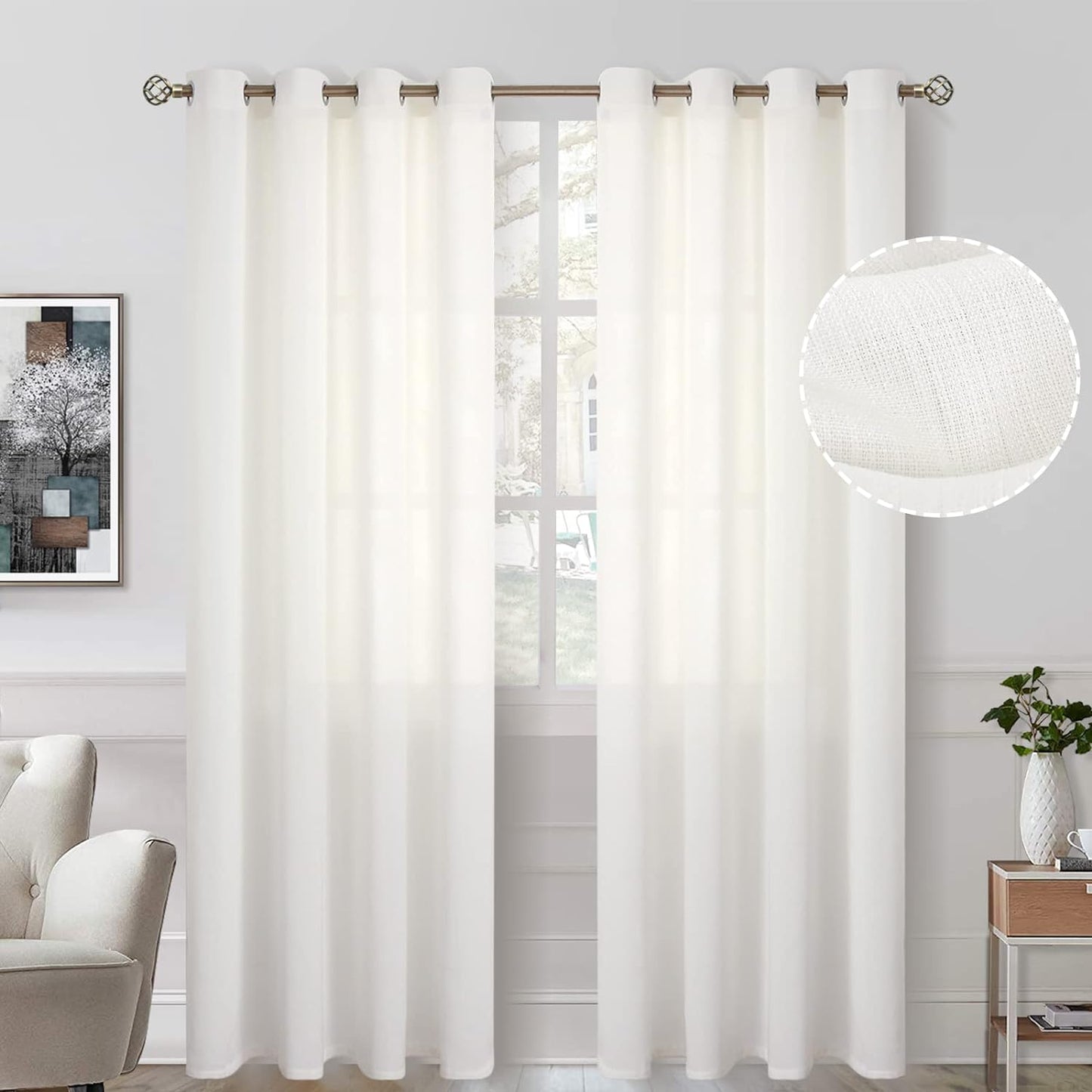 Bgment Natural Linen Look Semi Sheer Curtains for Bedroom, 52 X 54 Inch White Grommet Light Filtering Casual Textured Privacy Curtains for Bay Window, 2 Panels  BGment Ivory Cream 52W X 95L 