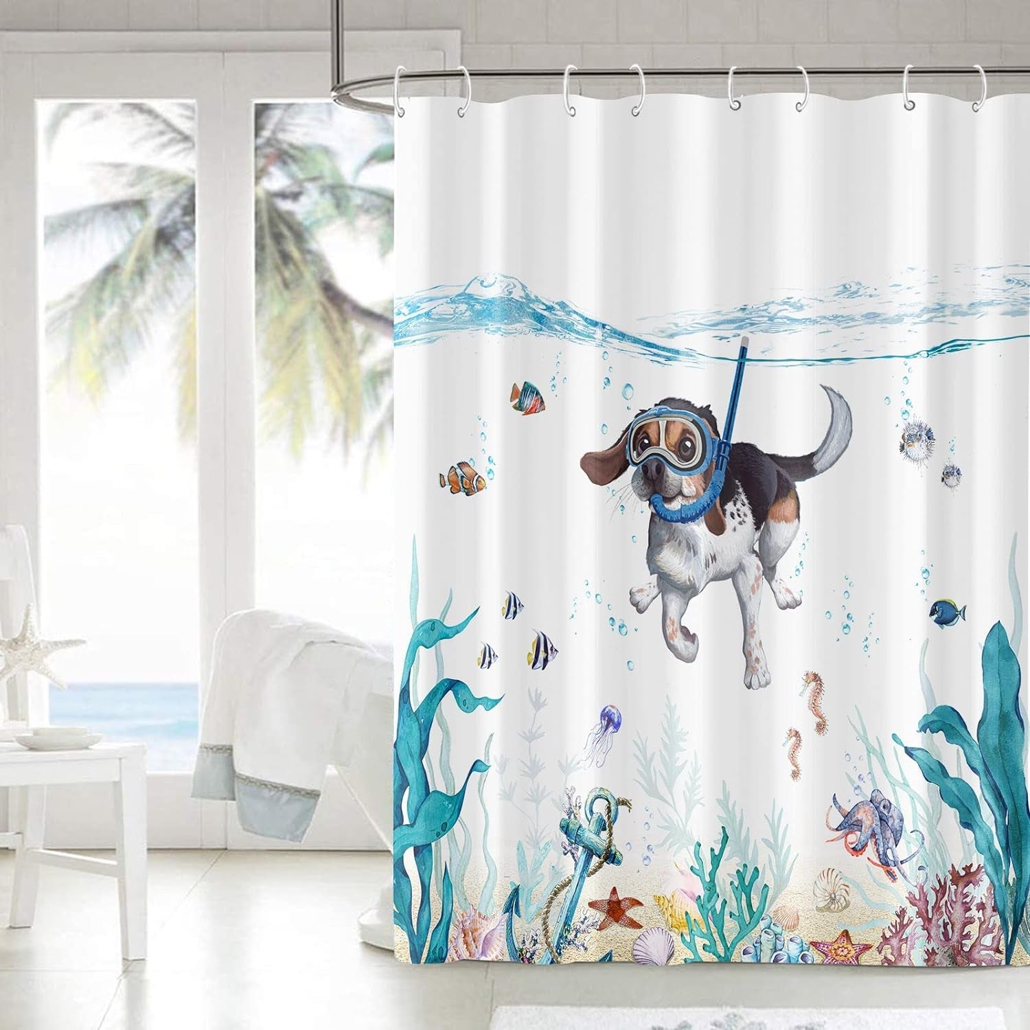 Funny Dog Shower Curtain Teal Blue Sea Ocean Waterproof Fabric Shower Curtains for Bathroom with Animal Octopus Starfish Turtle Anchor Fish Nautical Bathroom Curtain (Dog)
