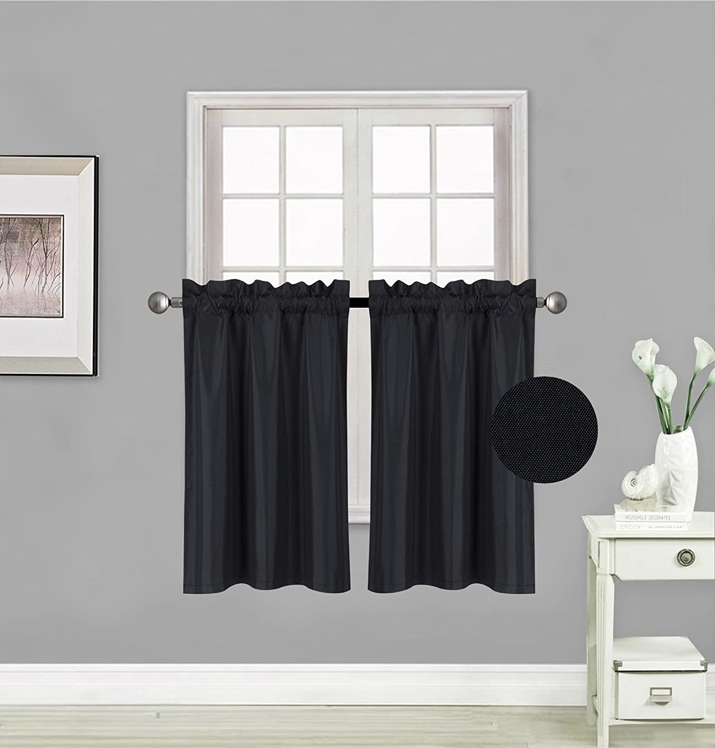 Elegant Home 2 Short Panels Tiers Small Window Treatment Curtain Blackout 28" W X 36" L Each for Kitchen Bathroom # R5  Elegant Home Decor Black  