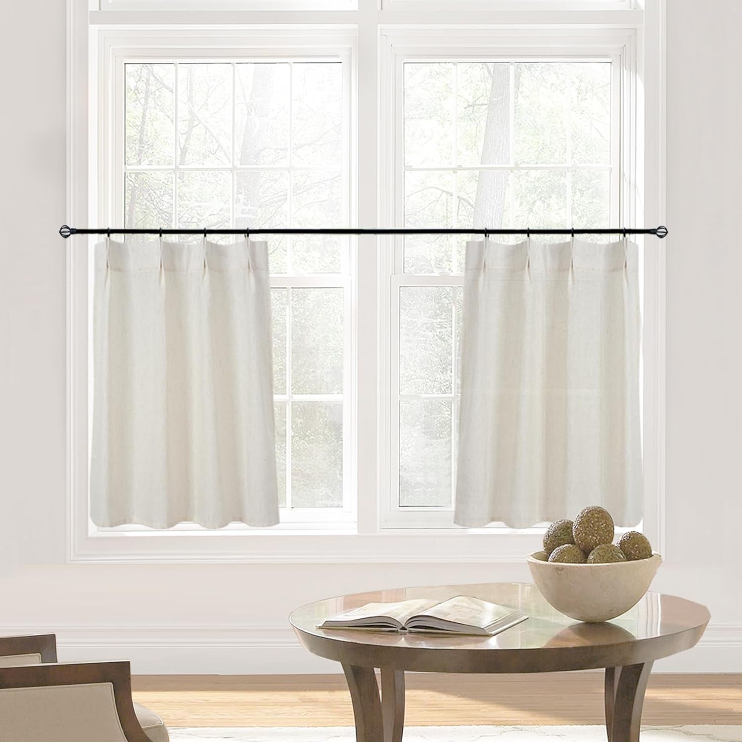 Short Curtains for Windows,Semi Sheer White Linen Cotton Privacy Light Filtering Cafe Length Small Pinch Pleated Curtains for Living Room Bathroom with Hooks,24 X 24 Inch Long  Lino Rosa Natural 24"W X 24"L 