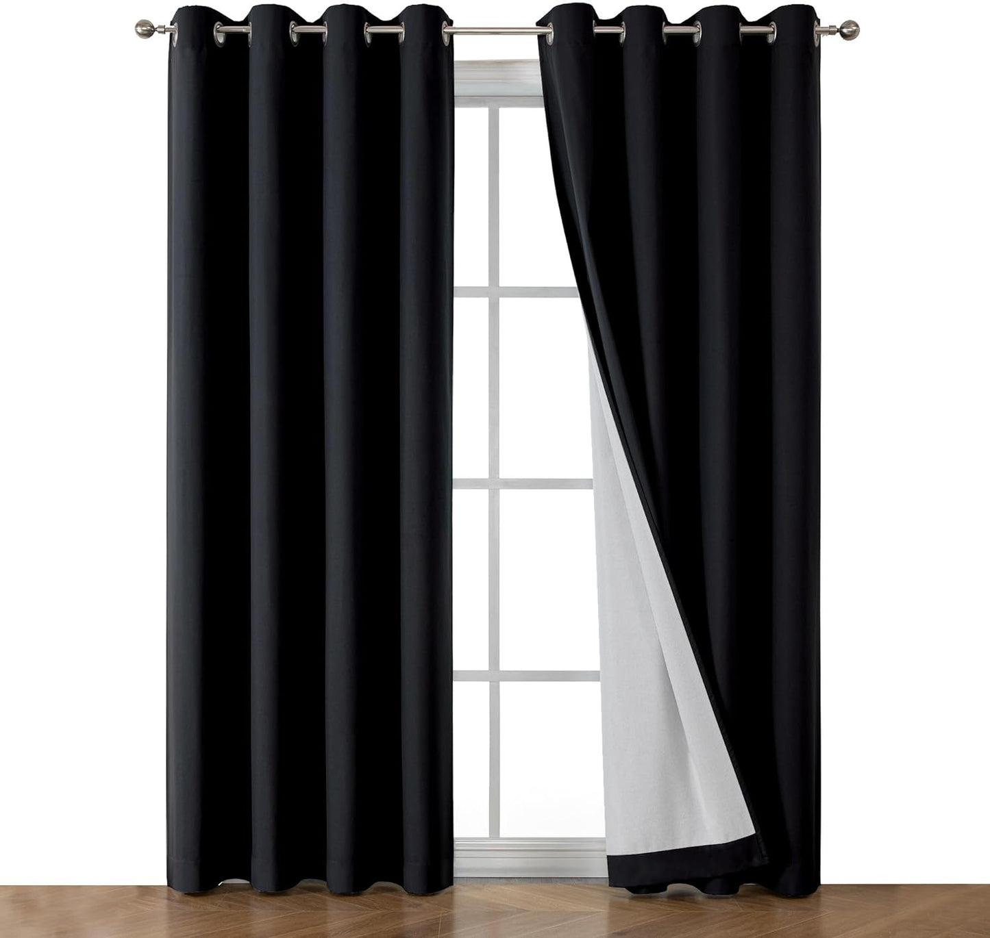 OWENIE Maya 100% Blackout Curtains 84 Inch Length 2 Panels Set, Greyish White Solid Heavy Thermal Insulated Grommets Curtains for Bedroom & Living Room, 2 Panels (Each 52 W X 84 L,Greyish White)  OWENIE Black 52W X 96L 