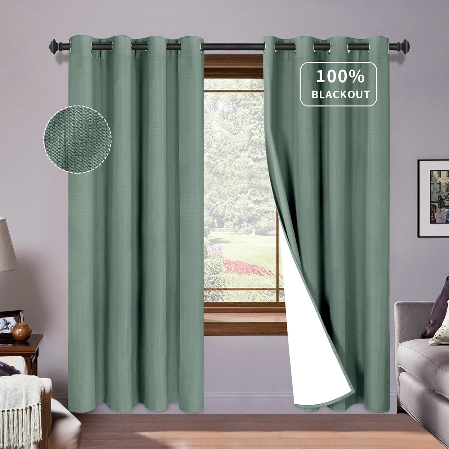 Purefit White Linen Blackout Curtains 84 Inches Long 100% Room Darkening Thermal Insulated Window Curtain Drapes for Bedroom Living Room Nursery with Anti-Rust Grommets & Energy Saving Liner, 2 Panels  PureFit Sage Green 52"W X 84"L 