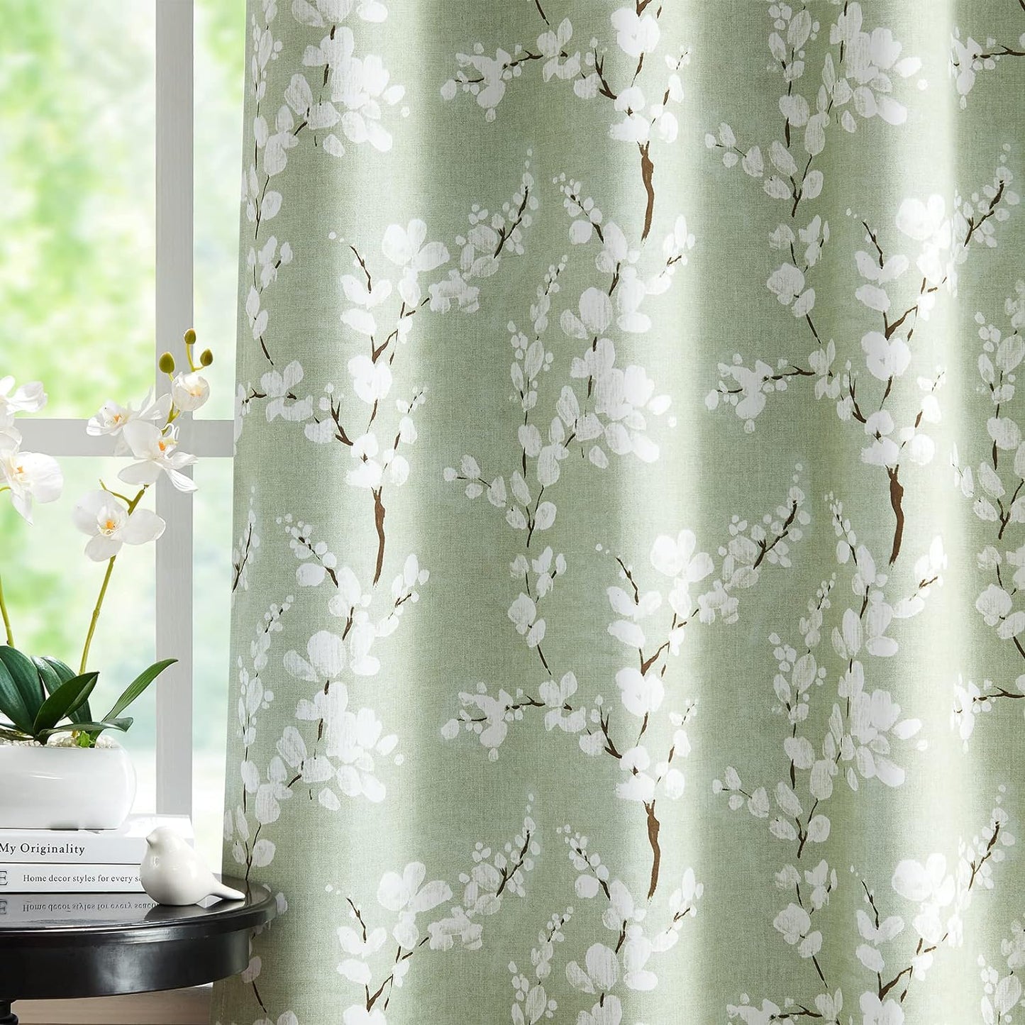 White Grey Blackout Curtains for Bedroom 84 Inch Length Floral Printed Living Room Curtain Panels for Farmhouse Décor Blossom Thermal Energy Efficient Light Blocking Window Curtain 50"W 2Pcs  Fmfunctex Blossom/ Green 50"W X 63"L 2Pcs 