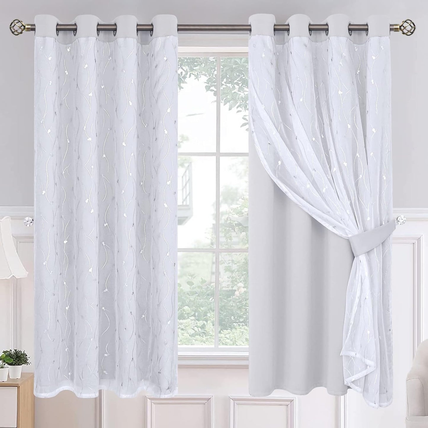 Bgment Grey Blackout Curtains with Sheer Overlay 84 Inches Long，Double Layer Silver Printed Kids Curtains Grommet Thermal Insulated Window Drapes for Living Room, 2 Panel, 52 X 84, Dark Grey  BGment Greyish White 52W X 63L 