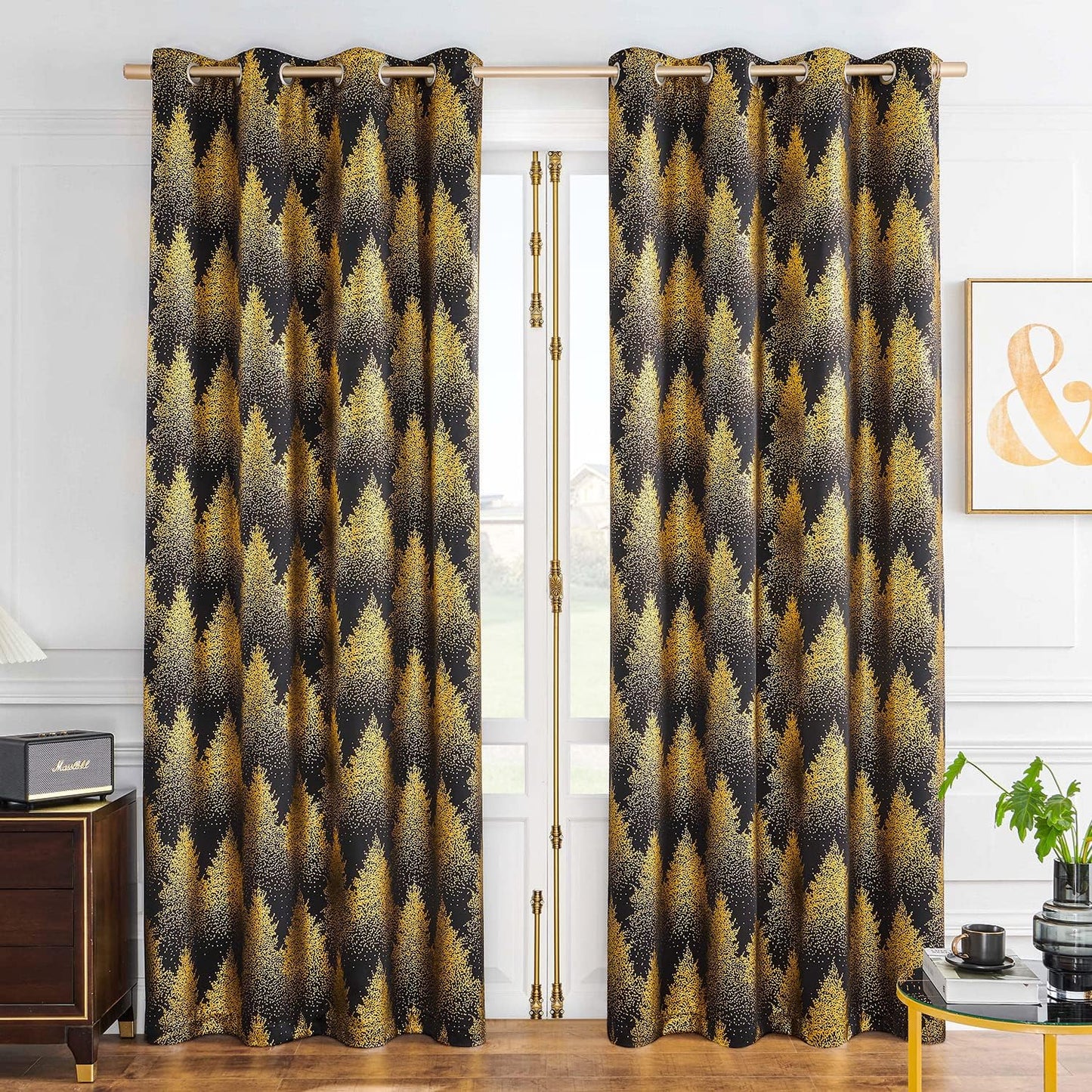 FMFUNCTEX Metallic Tree Blackout Curtains Bedroom Grey 84-Inch Living-Room Branch Print Curtain Panels Forest Triple Weave Thermal Insulated Drapes for Windows Dorm Hotel Grommet Top, 2Panels  Fmfunctex Forest: Gold Black 50"W X 84"L 2Pcs 