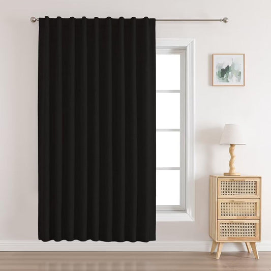 Joydeco 100% Black Out Curtains 96 Inch Long 1 Panels Burg Natural Blackout Linen Drapes for Bedroom Living Room Darkening Curtain Thermal Insulated Back Tab Rod Pocket(70X96 Inch,Black)  Joydeco Black 70W X 96L Inch X 1 Panel 