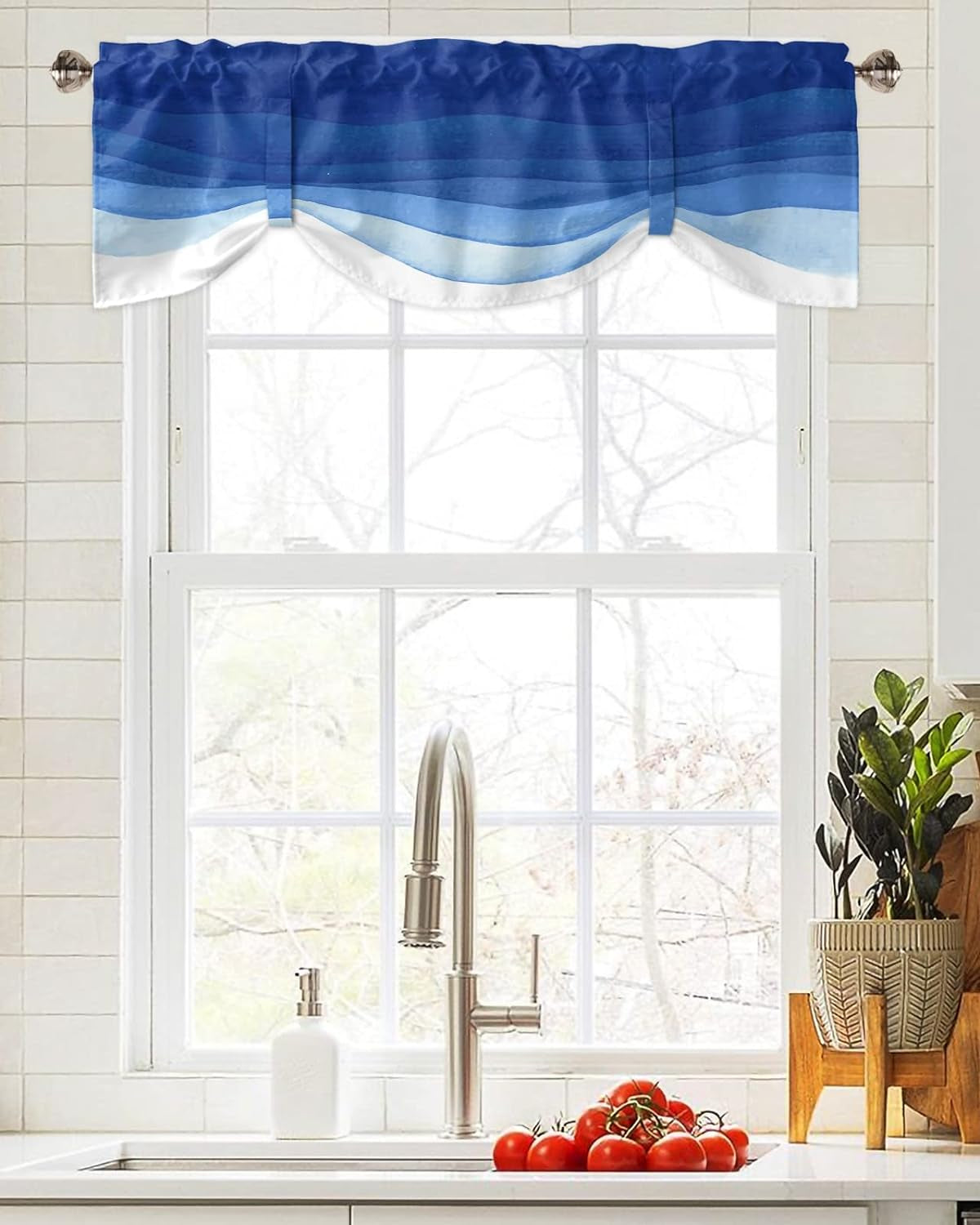 Ombre Tie up Valance Curtains, Gradient Royal Blue to White Watercolor Style Window Valance for Kitchen Cafe Bathroom Rod Pocket Window Treatment Valances 54 X 18Inch, 1 Panel