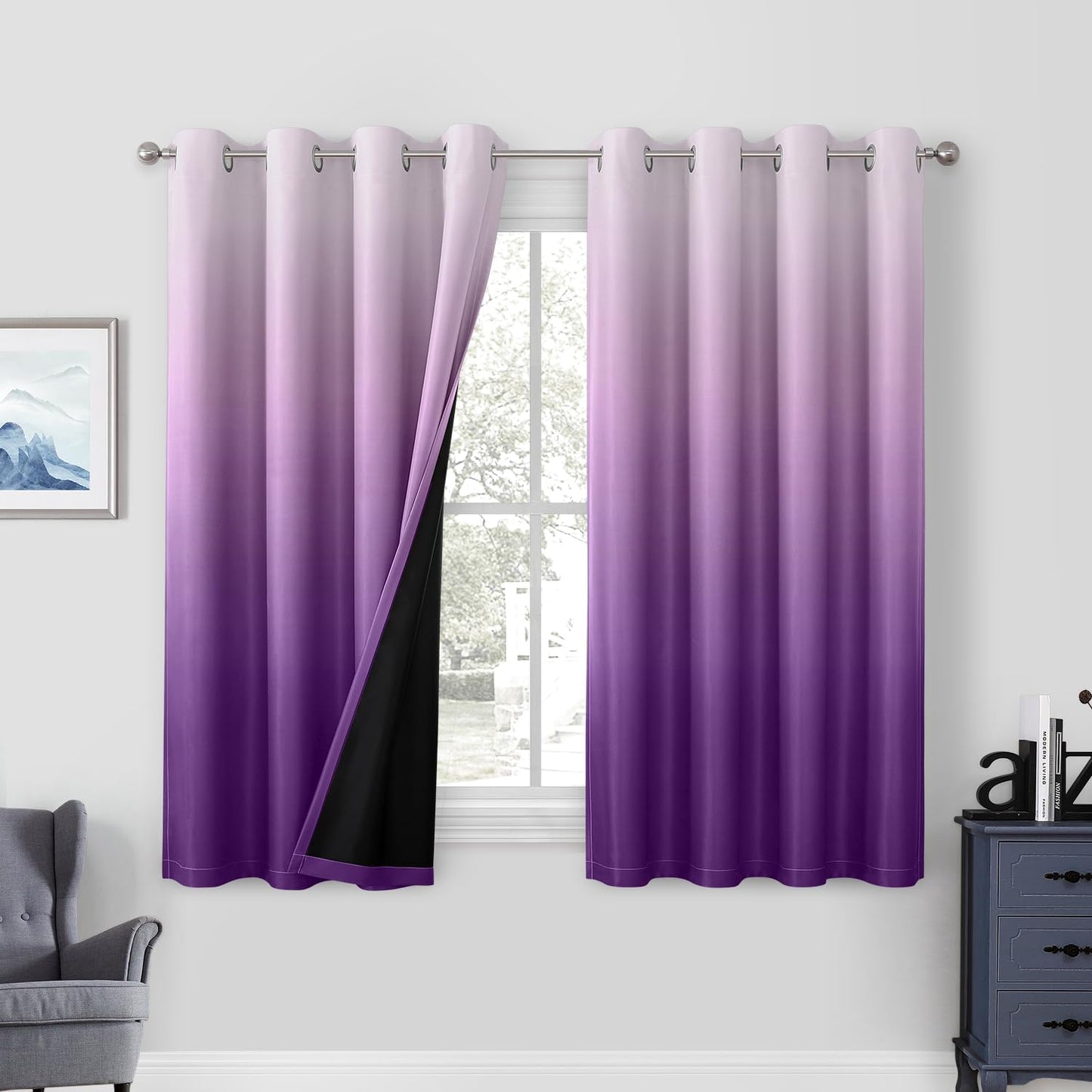 HOMEIDEAS 100% Black Ombre Blackout Curtains for Bedroom, Room Darkening Curtains 52 X 84 Inches Long Grommet Gradient Drapes, Light Blocking Thermal Insulated Curtains for Living Room, 2 Panels  HOMEIDEAS Purple 2 Panel-52" X 63" 