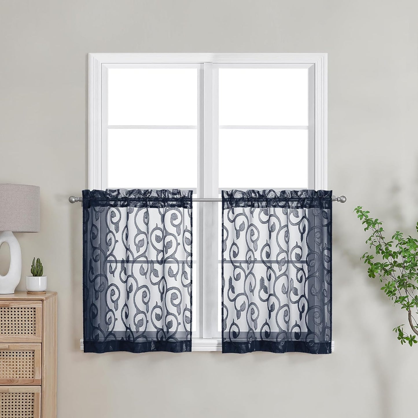 OWENIE Furman Sheer White Curtains 84 Inches Long for Bedroom Living Room 2 Panels Set, White Curtains Jacquard Clip Light Filtering Semi Sheer Curtain Transparent Rod Pocket Window Drapes, 2 Pcs  OWENIE Navy Blue 26W X 24L 