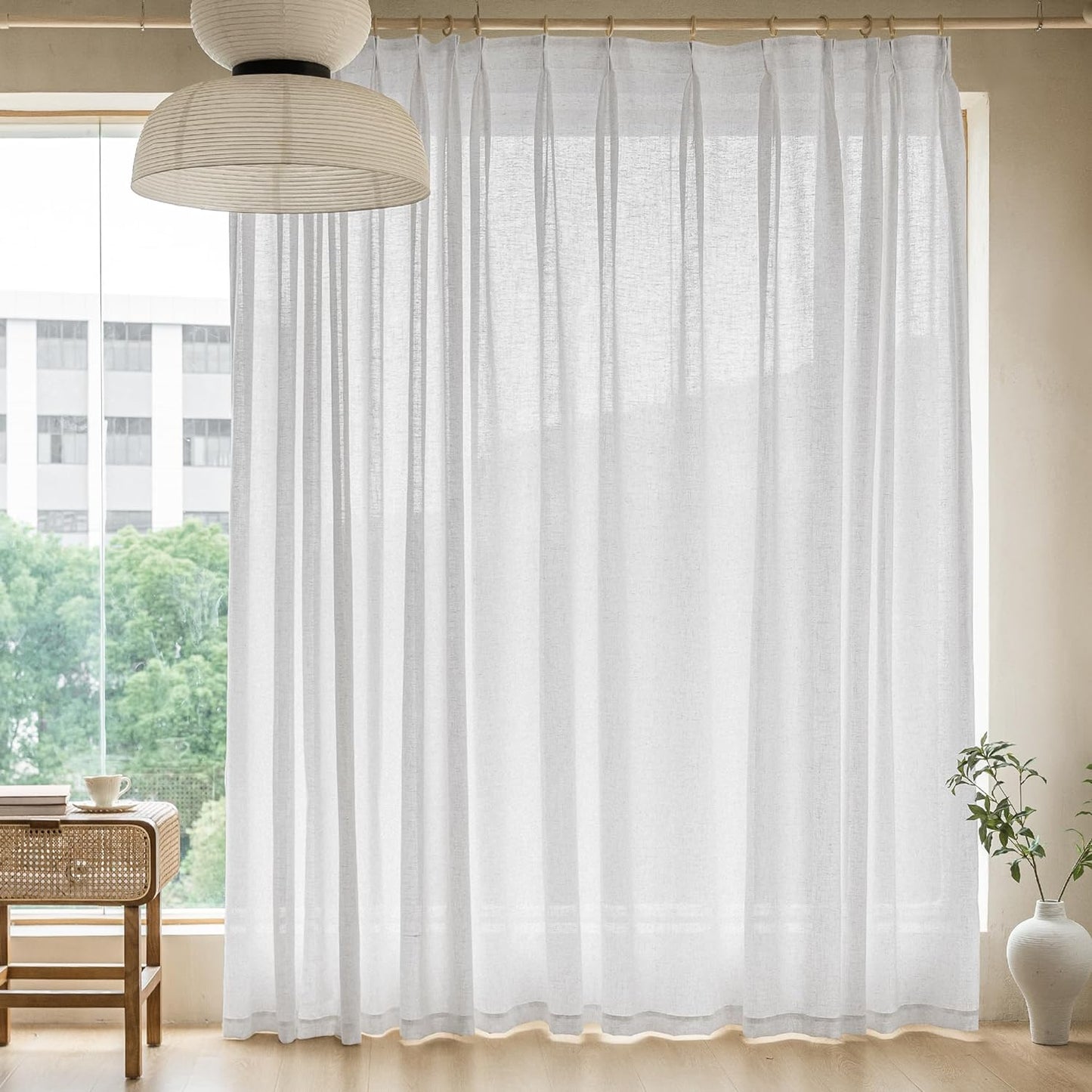 MAIHER Extra Wide Pinch Pleated Drapes 108 Inches Long, Faux Linen Light Filtering Semi Sheer Curtains with Hooks for Living Room Bedroom, Natural Linen (1 Panel, 100 W X 108 L)  MAIHER Beige White 100X108 