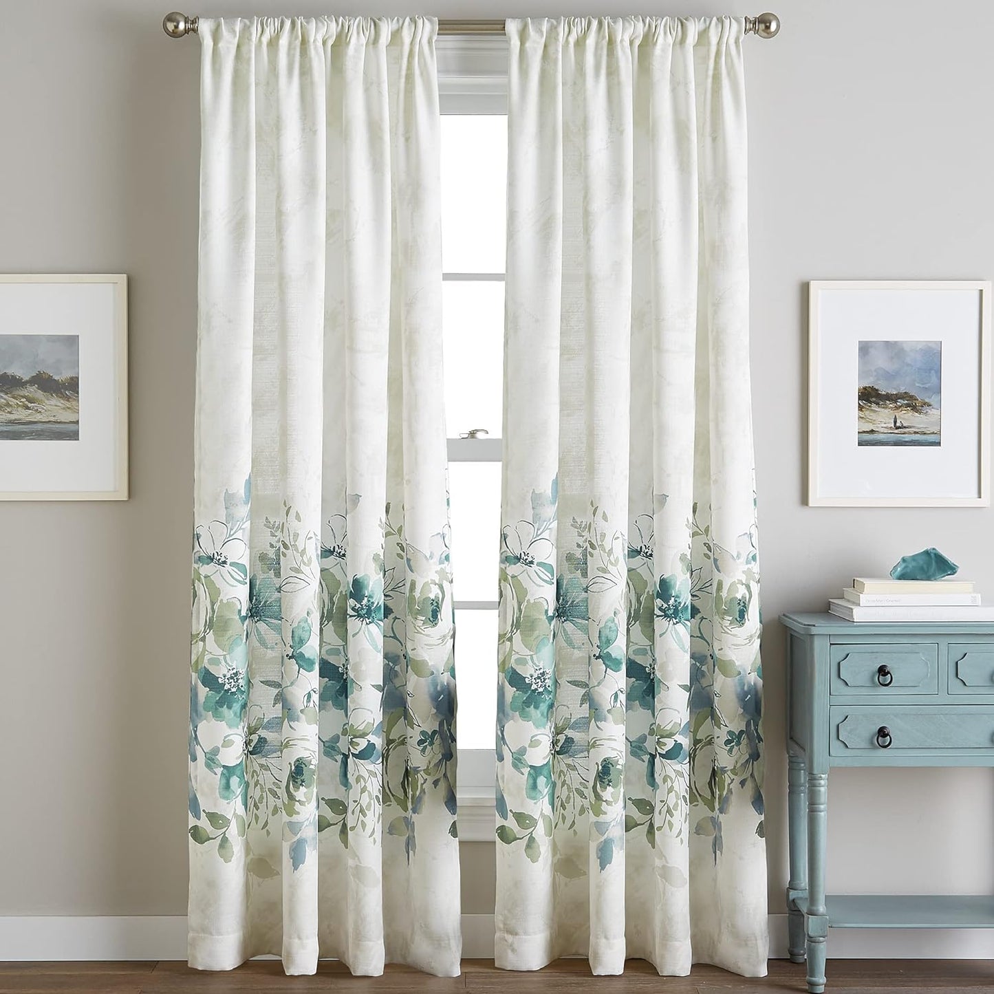 CHF Watercolor Floral Print Flip over Rod Pocket Single Curtain Panel, 84 In, Gold  CHF Industries Aqua 63 In 
