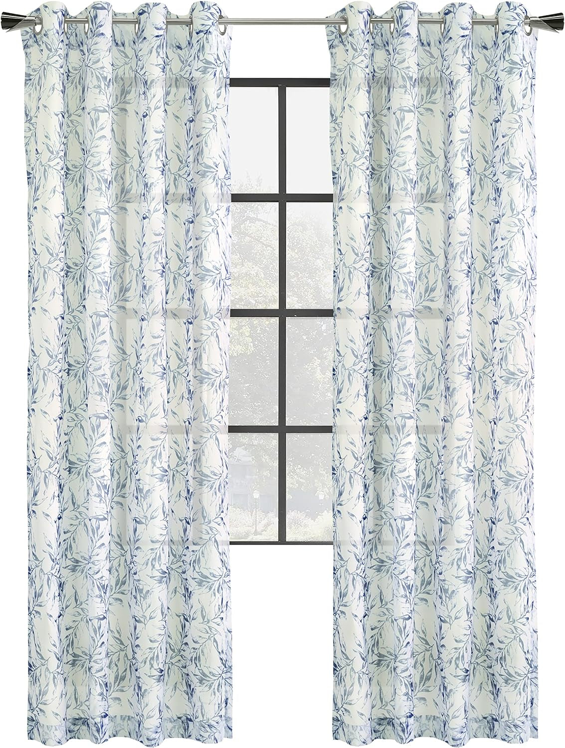 Jennifer Sheer Botanical Print Grommet Curtain Panel 52" X 95" in Indigo
