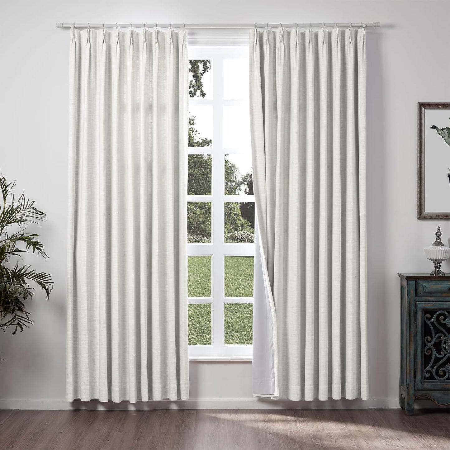 Chadmade 50" W X 63" L Polyester Linen Drape with Blackout Lining Pinch Pleat Curtain for Sliding Door Patio Door Living Room Bedroom, (1 Panel) Sand Beige Tallis Collection  ChadMade Beige White (1) 50Wx63L 