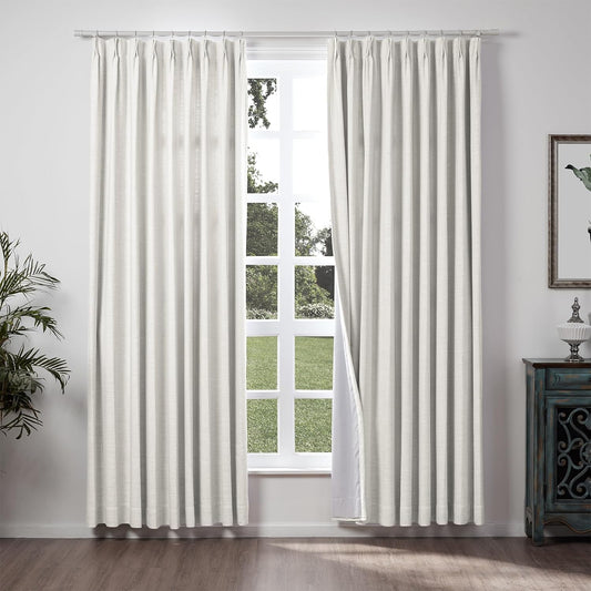 Chadmade 50" W X 84" L Polyester Linen Drape with Blackout Lining Pinch Pleat Curtain for Sliding Door Patio Door Living Room Bedroom, (1 Panel) Beige White Liz Collection  ChadMade Beige White (1) 50Wx84L 