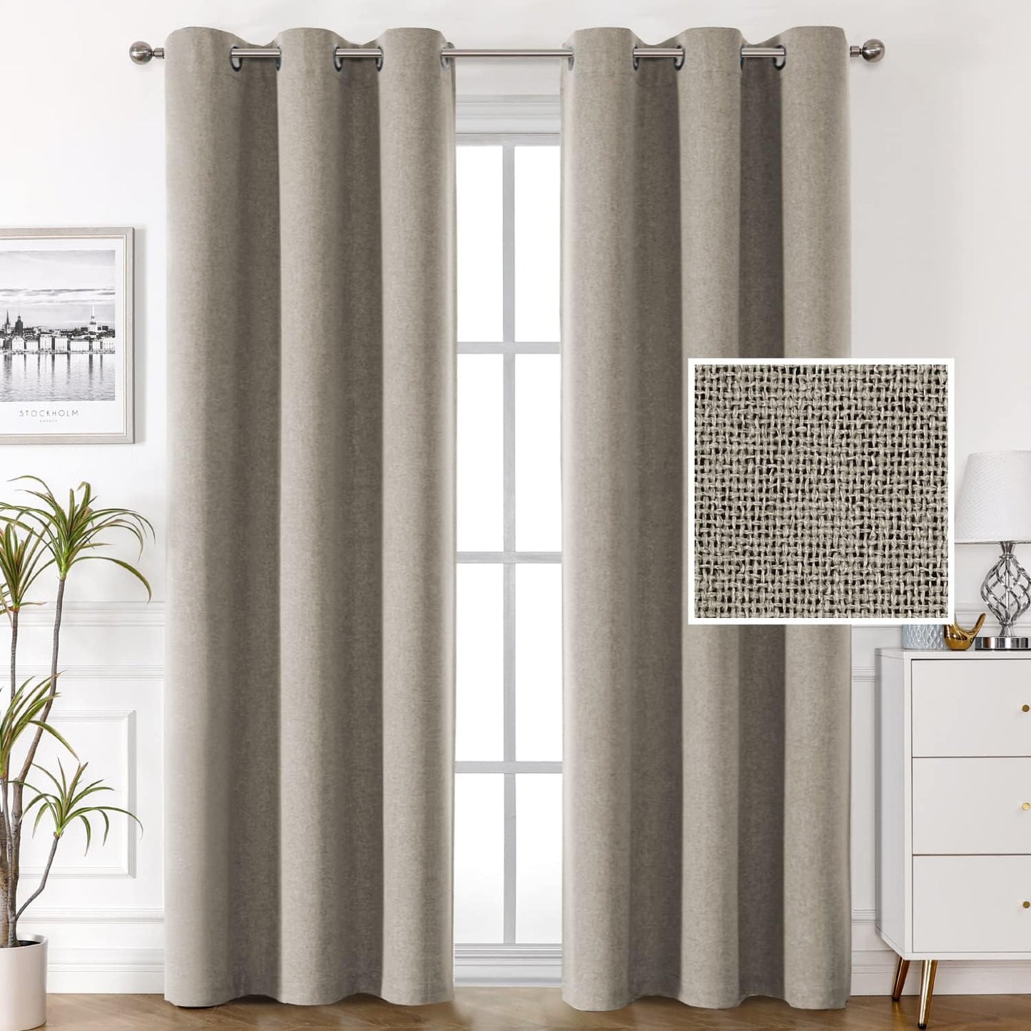 H.VERSAILTEX 100% Blackout Linen Look Curtains Thermal Insulated Curtains for Living Room Textured Burlap Drapes for Bedroom Grommet Linen Noise Blocking Curtains 42 X 84 Inch, 2 Panels - Sage  H.VERSAILTEX Taupe 42"W X 84"L 
