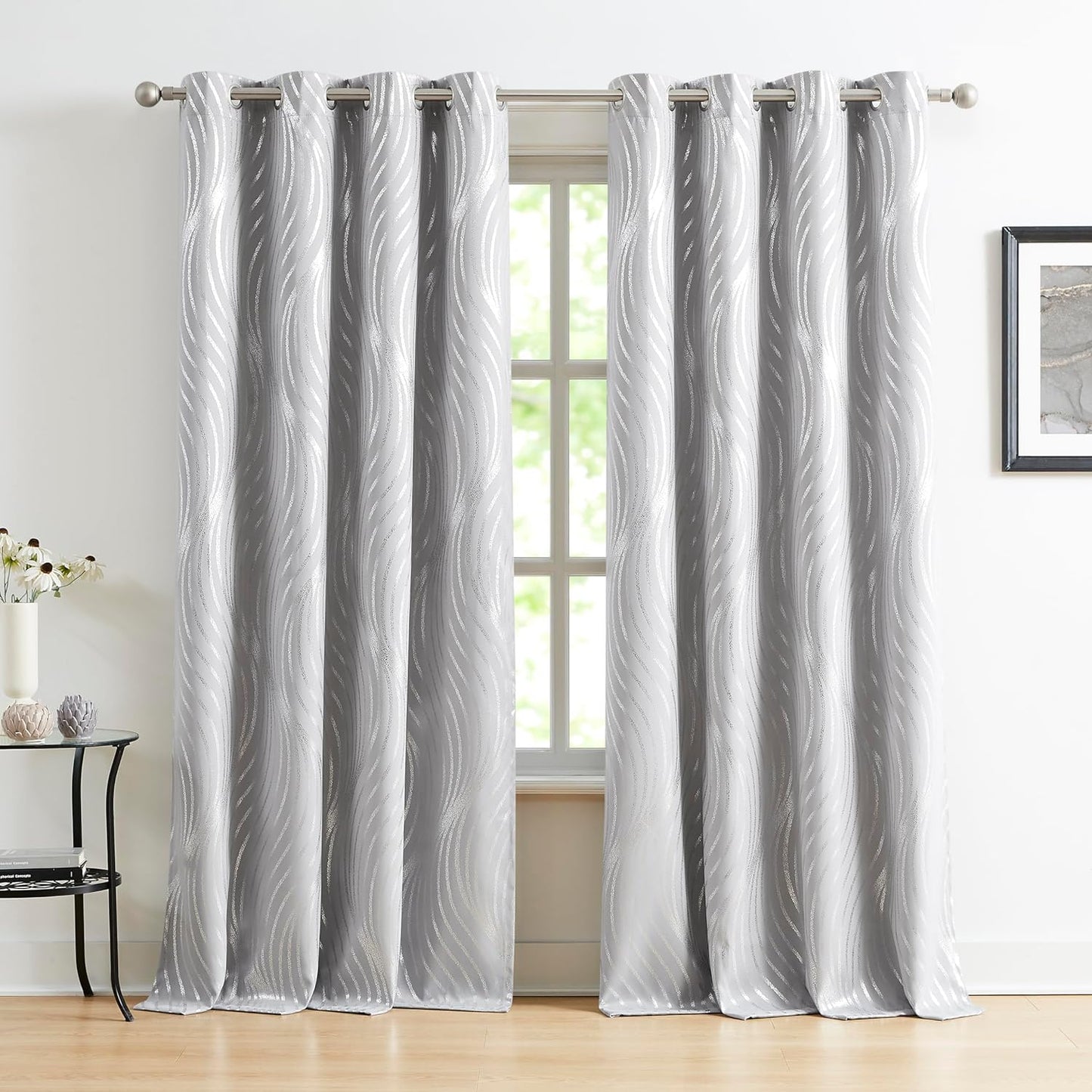 Xwincel Full Blackout Curtains with Silver Metallic Wave Print,84 Inches Long Thermal Insulated Sound Proof Window Treatments for Living Room Bedroom, Grommets Top Design,White,52W X 84L,2 Panel Sets  Xwincel Grey 52"X84"X2 
