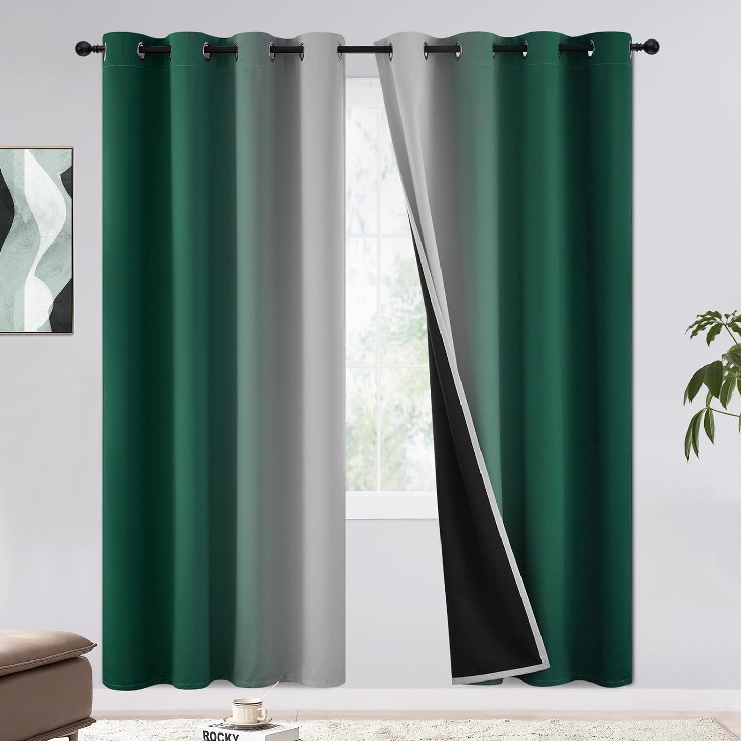 COSVIYA 100% Blackout Curtains & Drapes Ombre Purple Curtains 63 Inch Length 2 Panels,Full Room Darkening Grommet Gradient Insulated Thermal Window Curtains for Bedroom/Living Room,52X63 Inches  COSVIYA Green To Greyish White 52W X 72L 