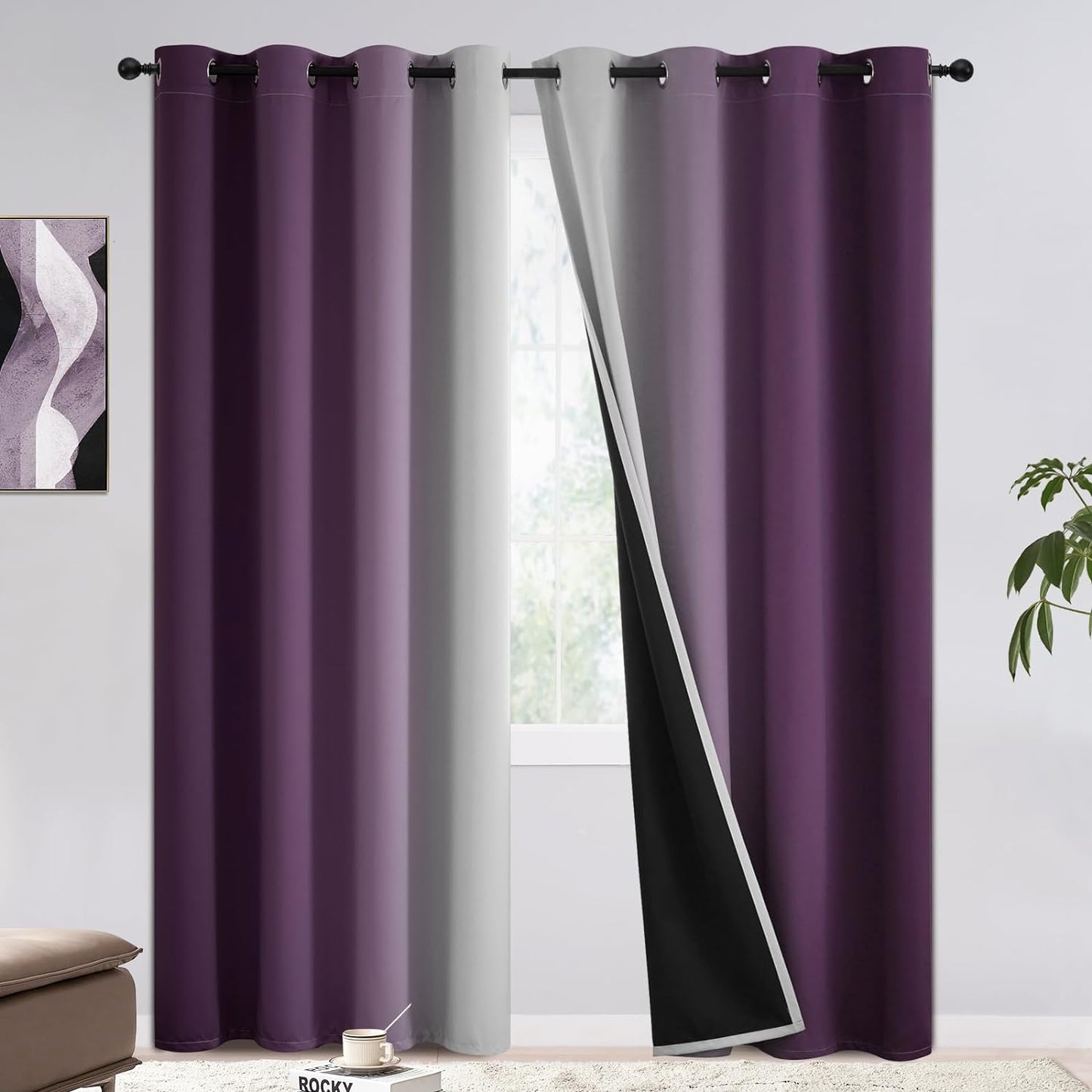 COSVIYA 100% Blackout Curtains & Drapes Ombre Purple Curtains 63 Inch Length 2 Panels,Full Room Darkening Grommet Gradient Insulated Thermal Window Curtains for Bedroom/Living Room,52X63 Inches  COSVIYA Blackout Purple To Grayish White 52W X 95L 