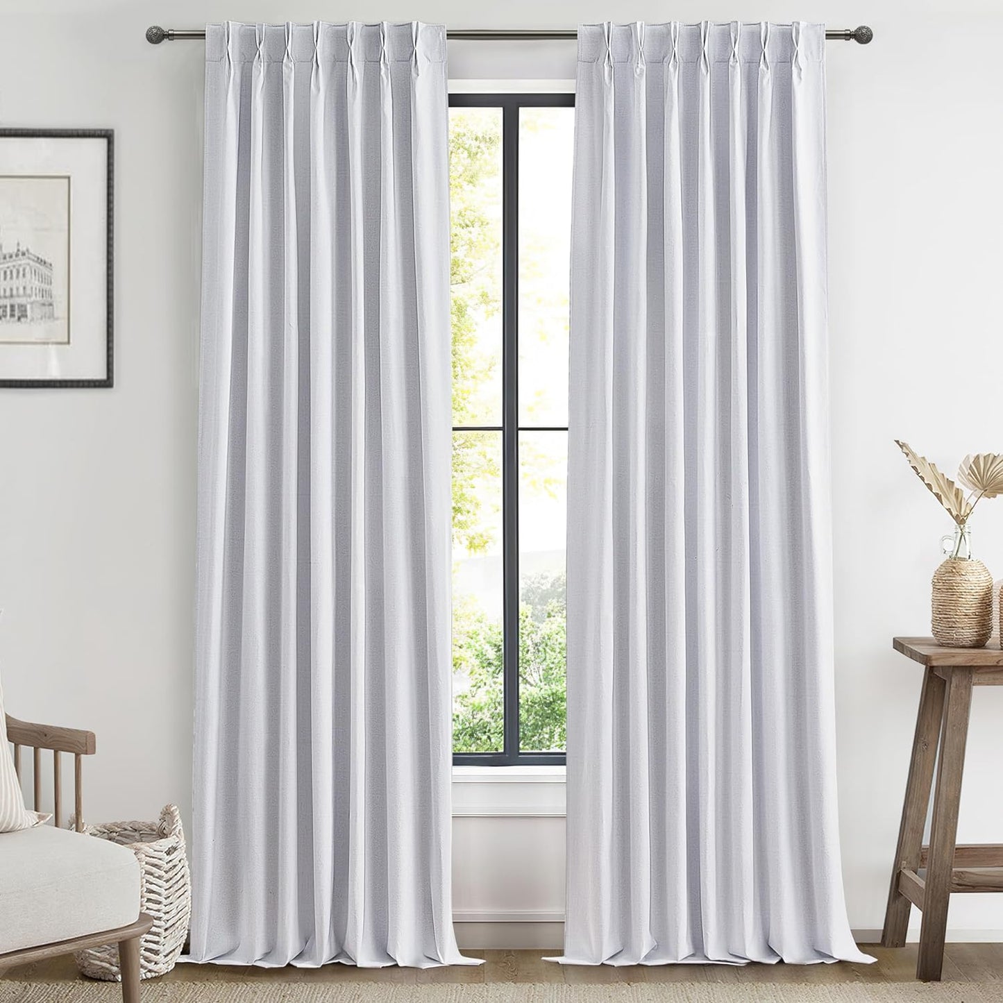 Natural Linen Pinch Pleated Blackout Curtains & Drapes 96 Inch Long Bedroom/Livingroom Farmhouse Curtains 2 Panel Sets, Neutral Track Room Darkening Thermal Insulated 8Ft Back Tab Window Curtain  QJmydeco Greyish White 40"W X 102"L X 2 Panels 