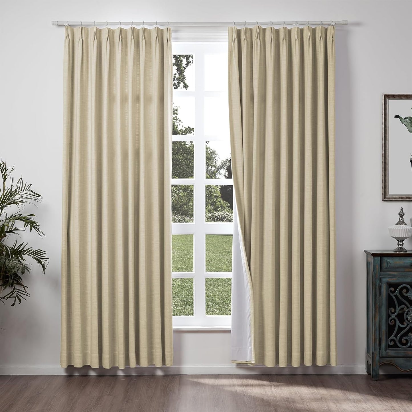 Chadmade 50" W X 63" L Polyester Linen Drape with Blackout Lining Pinch Pleat Curtain for Sliding Door Patio Door Living Room Bedroom, (1 Panel) Sand Beige Tallis Collection  ChadMade Lt Khaki (4) 120Wx96L 