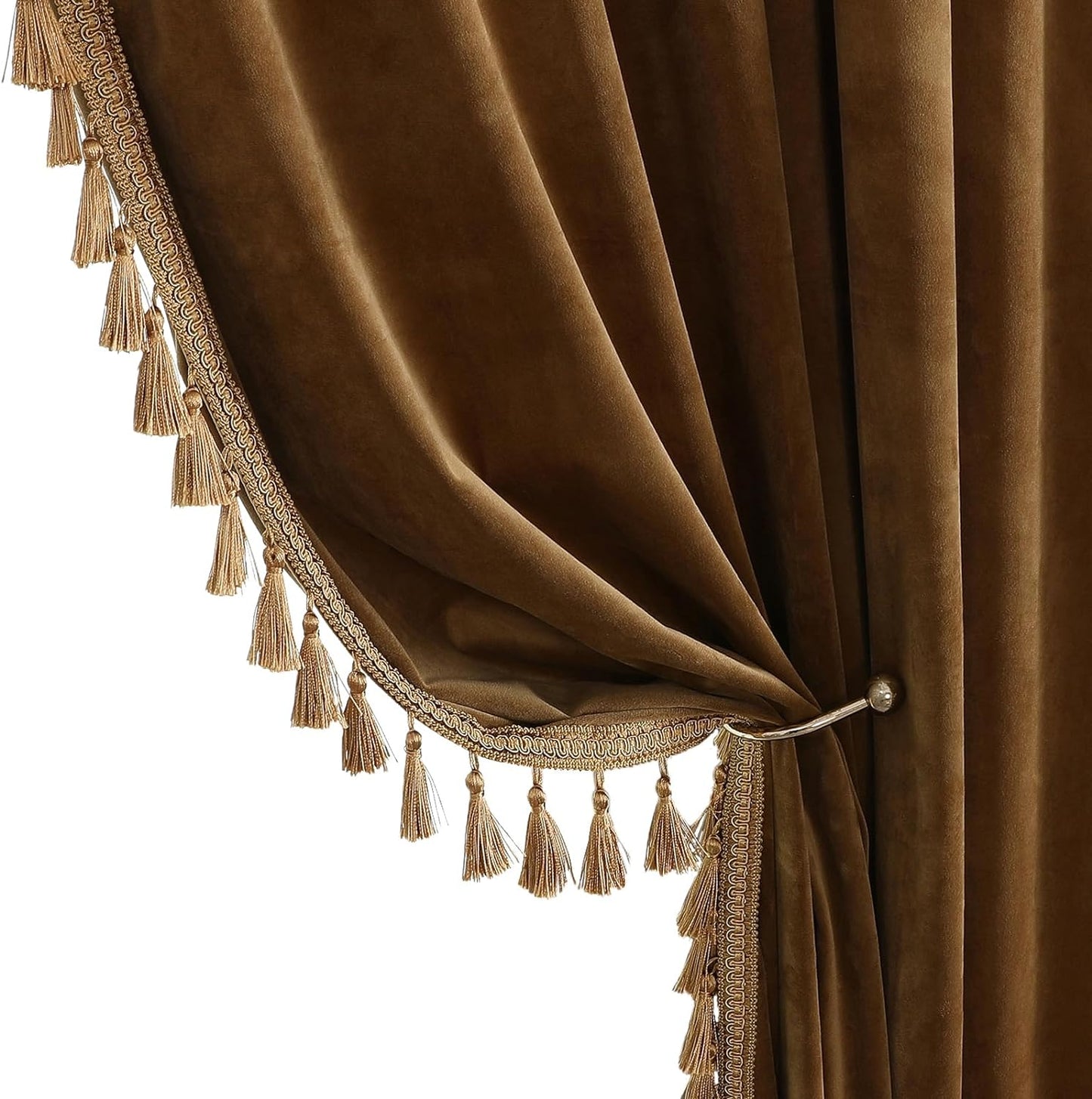 Benedeco Green Velvet Curtains for Bedroom Window, Super Soft Luxury Drapes, Room Darkening Thermal Insulated Rod Pocket Curtain for Living Room, W52 by L84 Inches, 2 Panels  Benedeco Goldbrown-Boho Tassel W52 * L84 | 2 Panels 