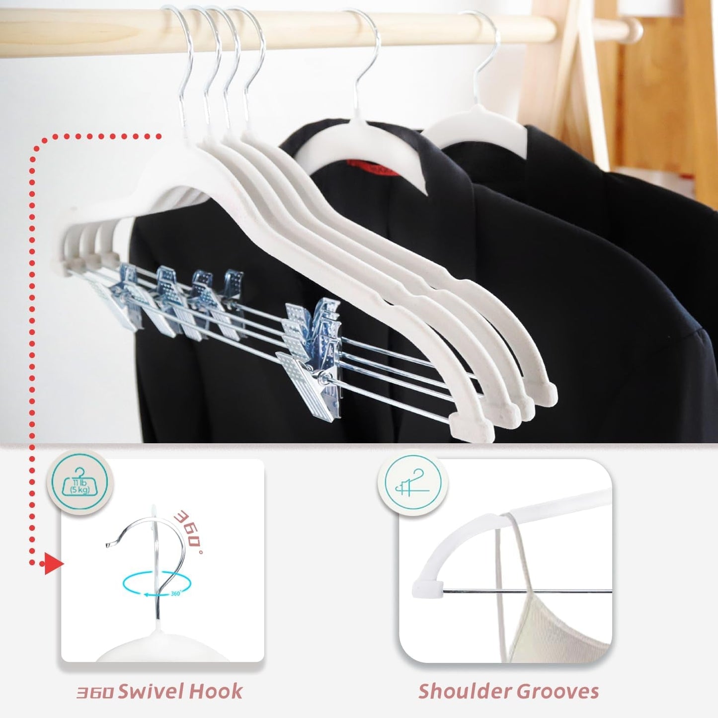 Mangotree Pants Hangers with Movable Clips, Non-Slip Velvet Clothes Hangers, Space-Saving Skirt Hangers for Shirts, Trouser, Dresses, Skirts, Coats (18 Pack, White)
