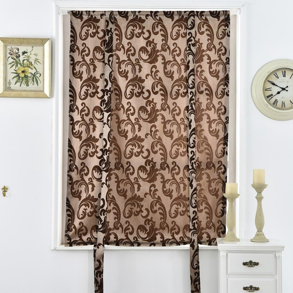 NAPEARL Jacquard Tie up Curtains for Kitchen, Ajustable Balloon Shades for Windows, Fabric Semi-Blackout Valance Curtains for Bathroom Small Window, 1 Panel (42W X 63L, Brown)