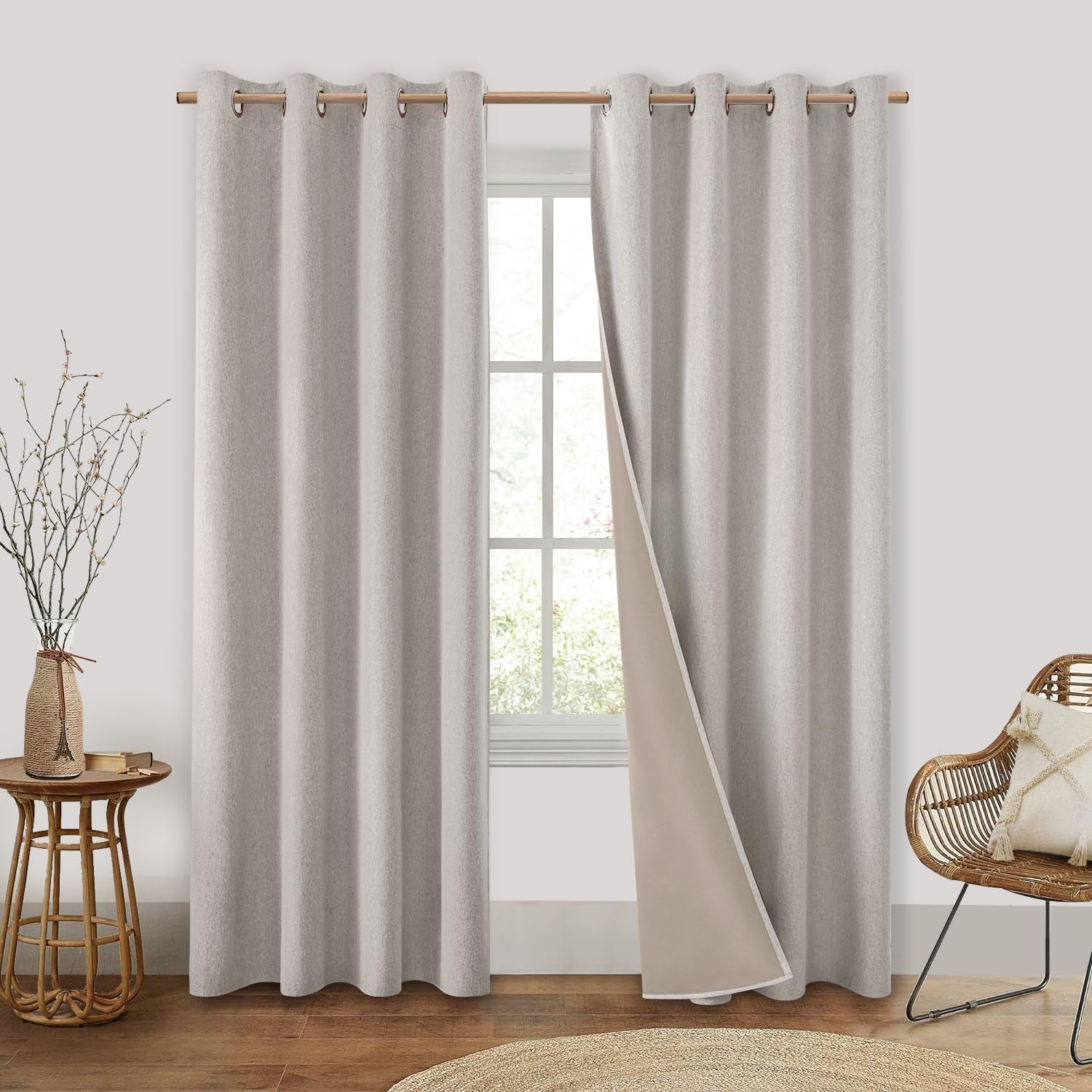 HOMEIDEAS 100% Blackout Linen Curtains for Bedroom 84 Inches Long 2 Panels Blush Pink Curtains Full Black Out Thermal Insulated Grommet Window Curtains/Drapes with Liner for Nursery  HOMEIDEAS Natural 52"W X 84"L 