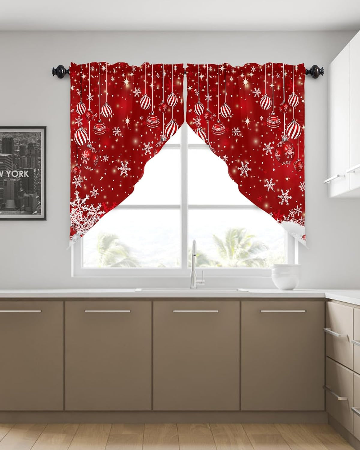 Christmas Kitchen Curtains Winter Snowflakes Window Valance Set,Red Xmas Balls Ornaments Rod Pocket Curtains Swag for Bedroom Living Room, Sparkle Snow Xmas Red Swag Valance 36" Long Set