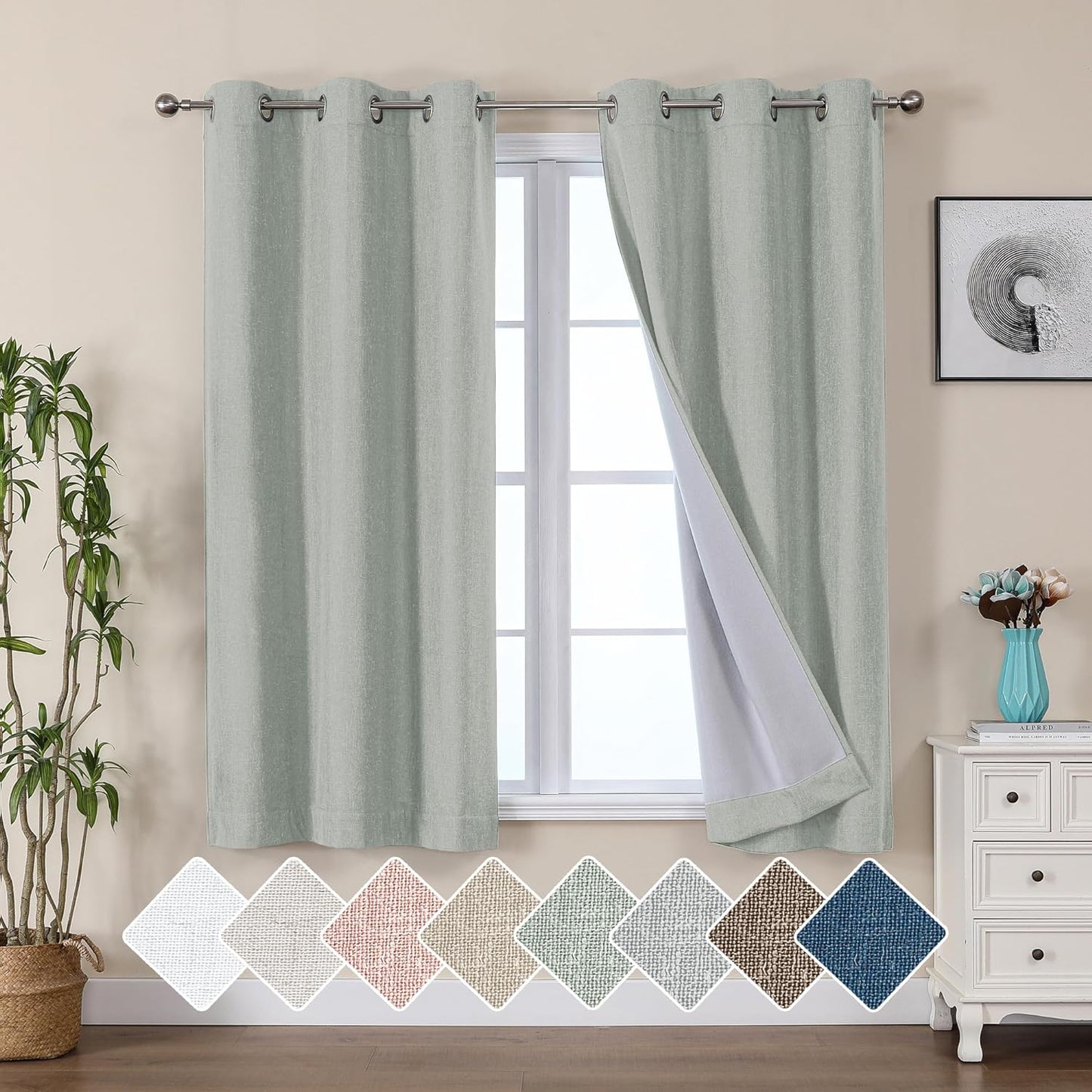 Jenny Ivory Beige Textured Linen 100% Blackout Curtains 63 Inch Length 2 Panels, Energy Saving Window Treatment Heavy Curtain Drapes for Bedroom/Living Room, Burlap Fabric Curtains, 38W  Simplebrand Sea Green 38"W X 54"L 