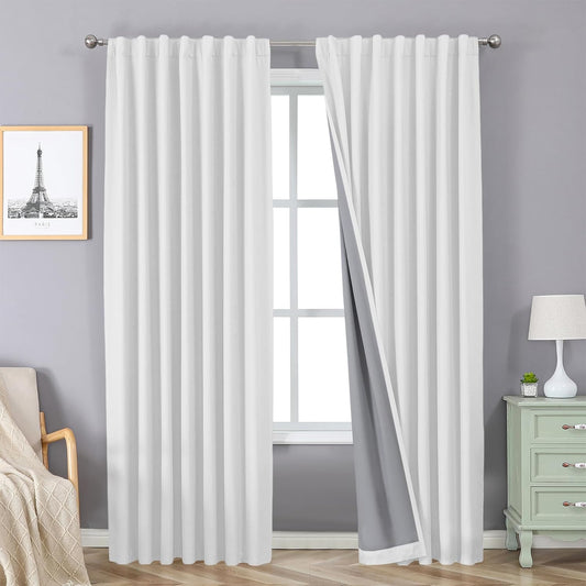 Joydeco 100% Blackout Curtains for Bedroom Living Room 84 Inches Long - 2 Panels Set Burg White Curtains Drapes Room Darkening Black Out Curtains for Bedroom Windows, Back Tab Rod Pocket  Joydeco White 52W X 120L Inch X 2 Panels 