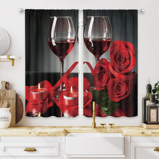 MESHELLY Red Kitchen Curtains 27.5W X 39H Rod Pocket Burgundy Curtains Rose Wine Decor for Women Girls Black Red Cafe Curtains Romantic Floral Flower Love Art Print Small Short Window Drapes 2 Panels