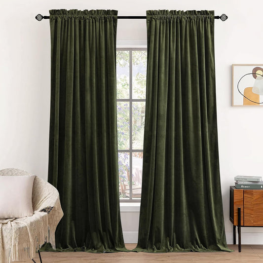 Dchola Olive Green Velvet Curtains for Bedroom Window, Super Soft Vintage Luxury Heavy Drapes, Room Darkening Rod Pocket Curtain for Living Room, W52 by L84 Inches, 2 Panels  Dchola Olive Green W52*L63 
