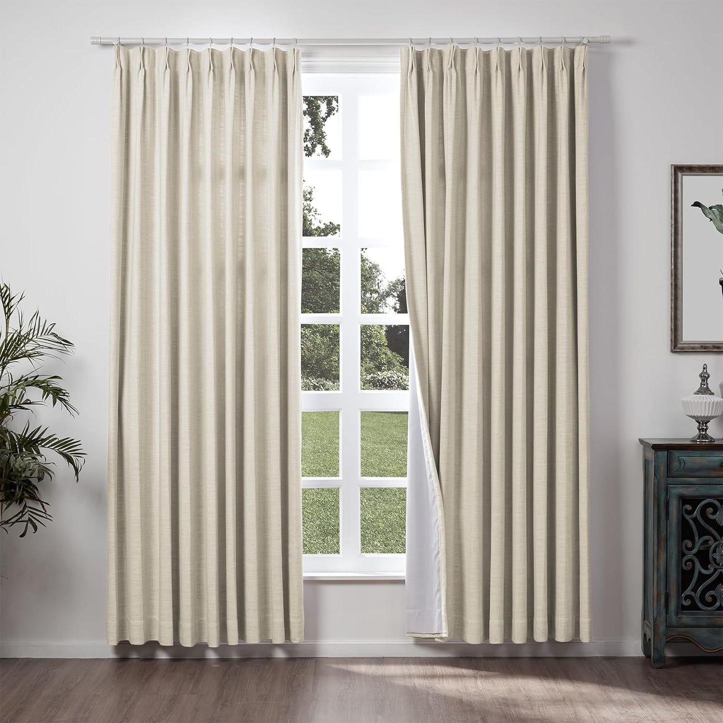 Chadmade 50" W X 84" L Polyester Linen Drape with Blackout Lining Pinch Pleat Curtain for Sliding Door Patio Door Living Room Bedroom, (1 Panel) Beige White Liz Collection  ChadMade Sand Beige (3) 50Wx84L 