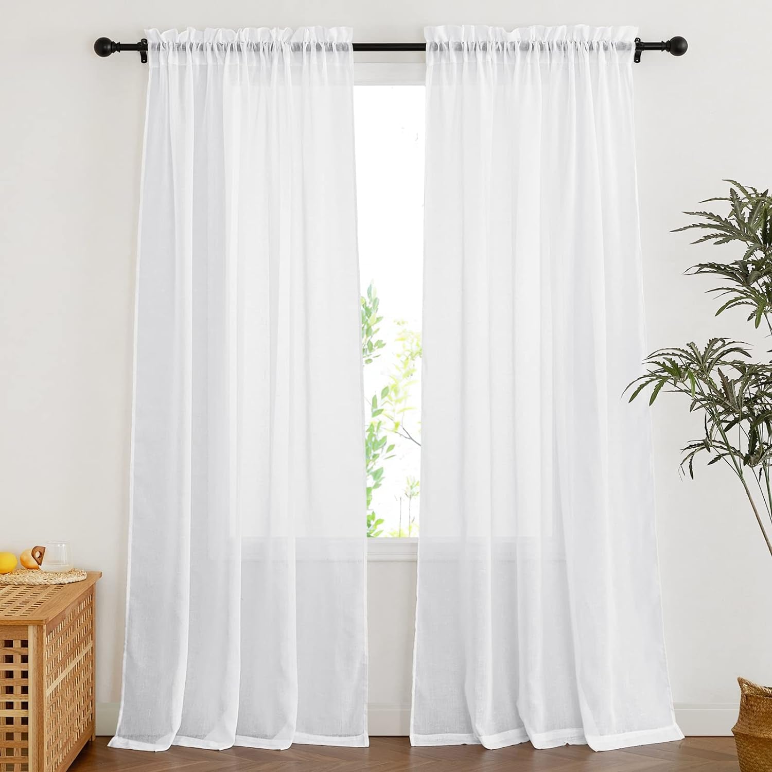NICETOWN Semi Sheer White Curtains 84 Inch Long, Rod Pocket Sheer Linen Curtains & Drapes Balance Privacy & Light Panels for Bedroom/Living Room, W52 X L84, 2 Panels  NICETOWN   